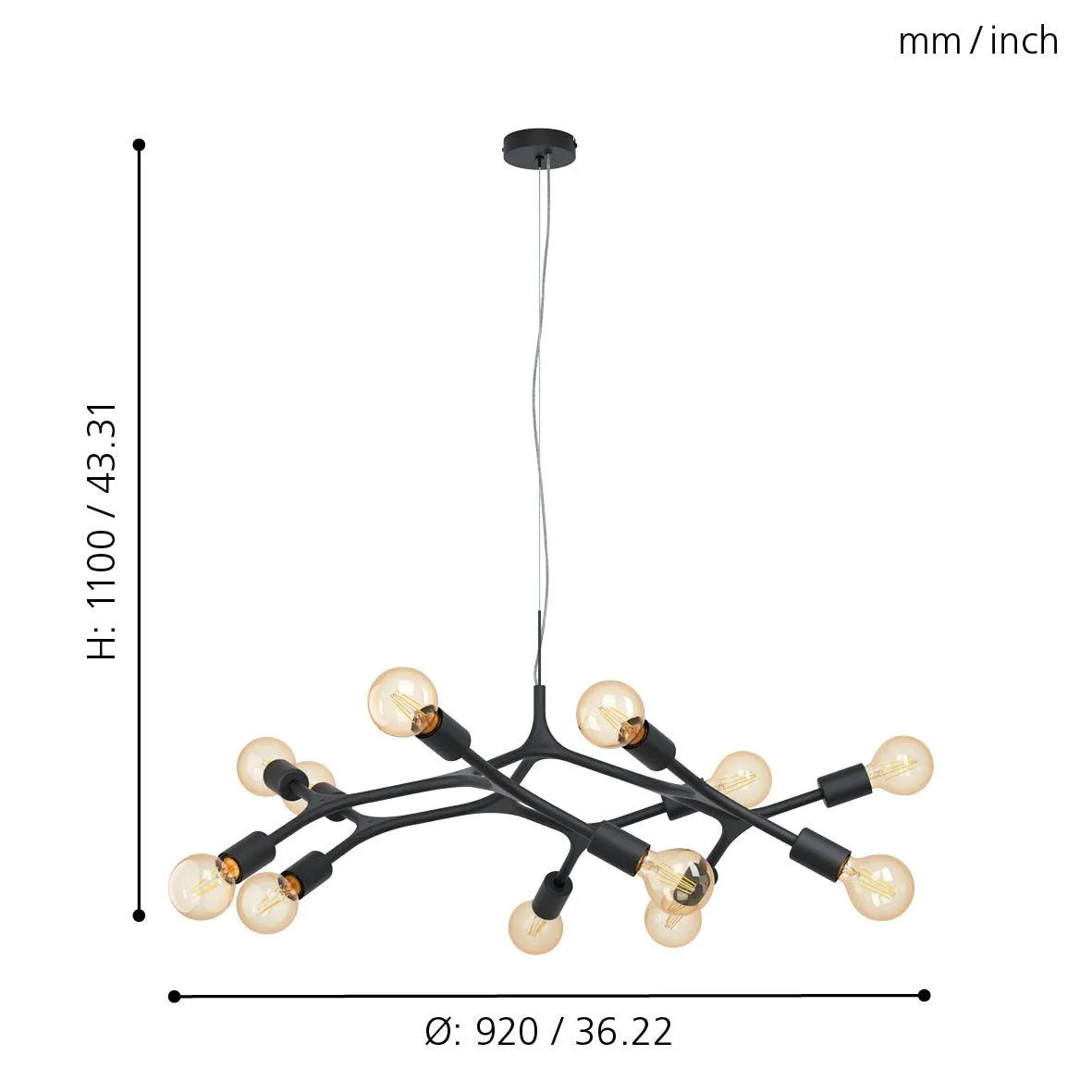 Eglo Bocadella 12 Arm Black Metal Ceiling Pendant