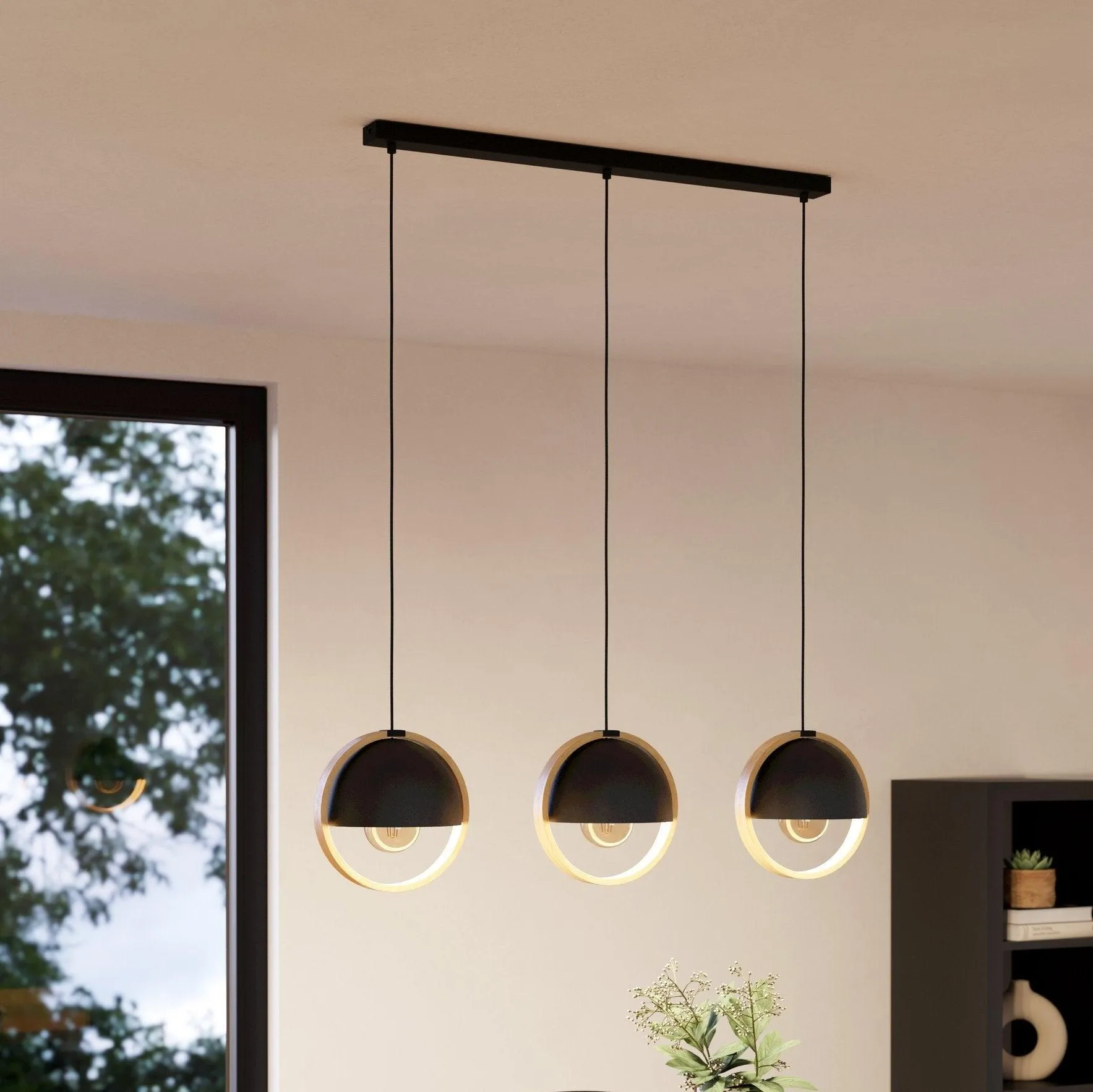 Eglo Callow 3 Light Round Wood & Black Ceiling Pendant flush mount ceiling fixture