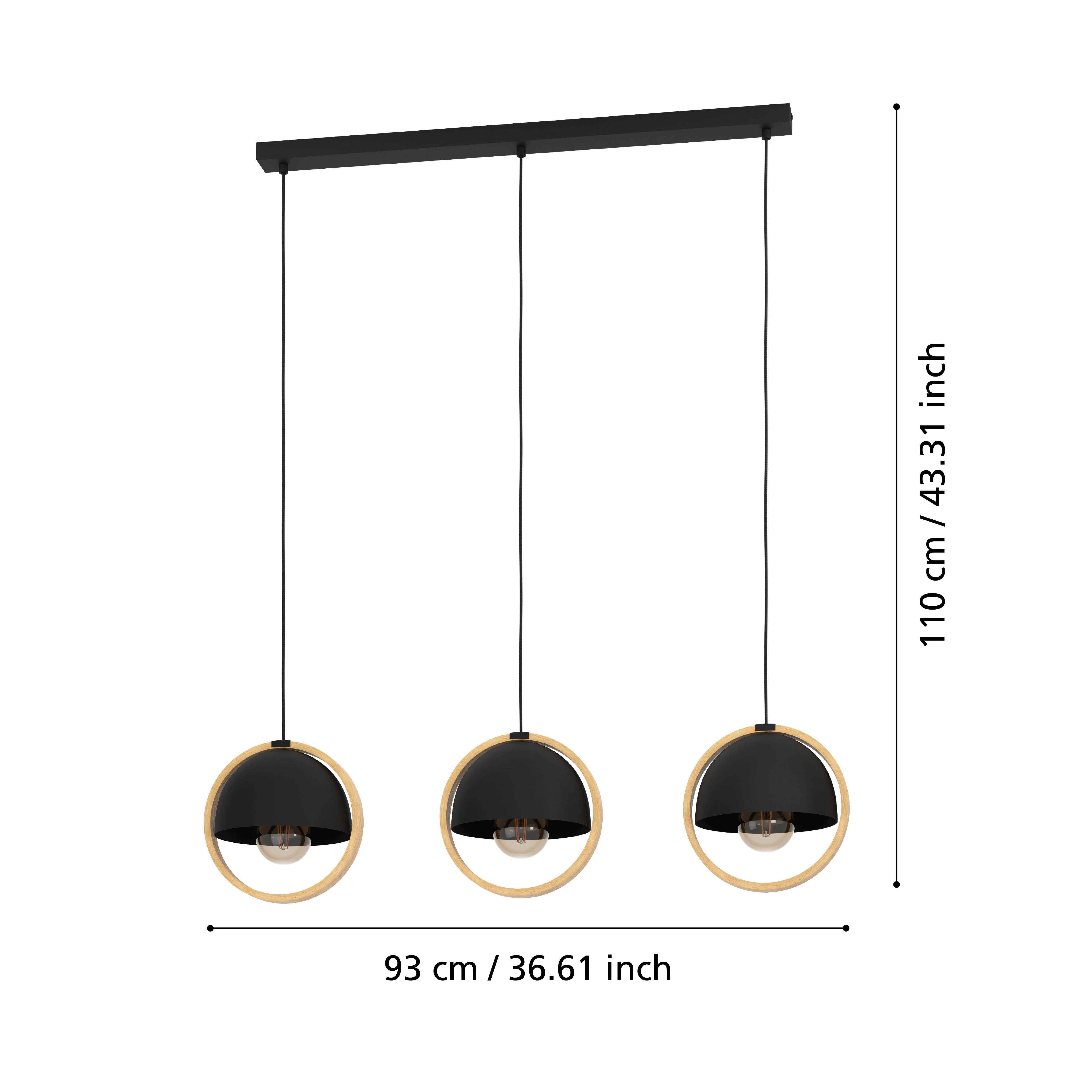 Eglo Callow 3 Light Round Wood & Black Ceiling Pendant