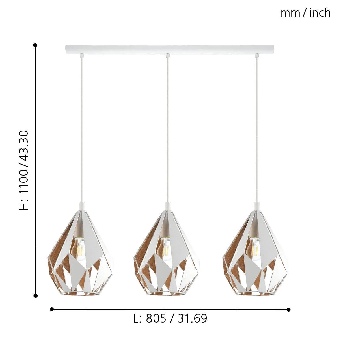 Eglo Carlton 1 3 Light White Diamond Shaped Metal Pendant