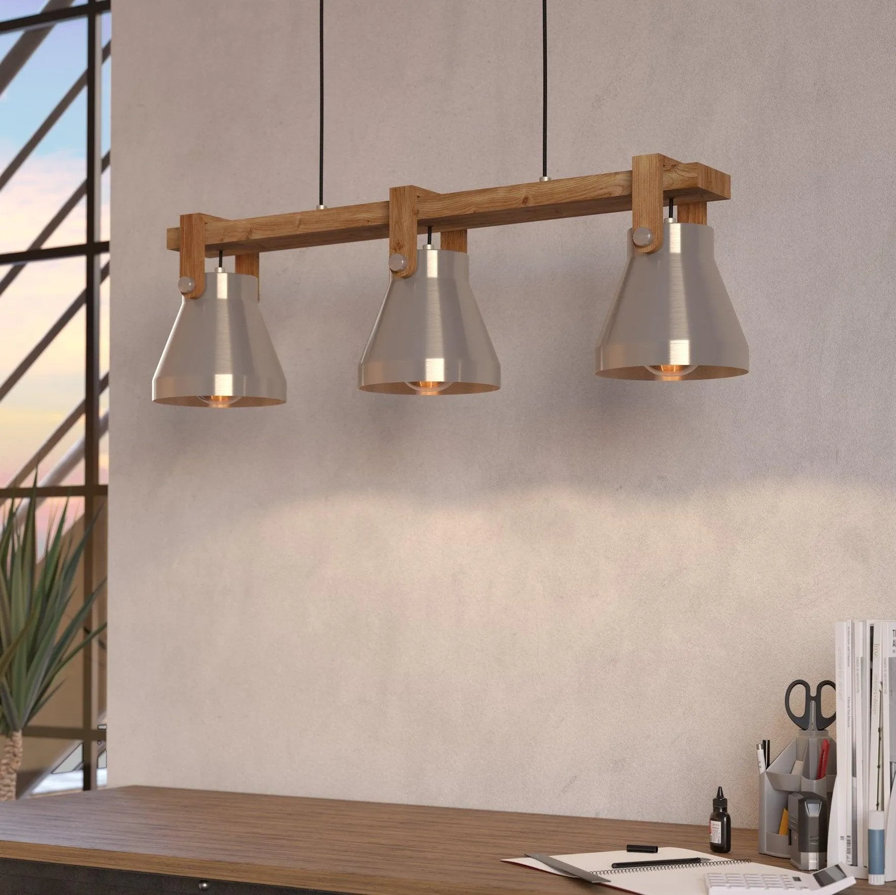 Eglo Cawton 3 Light Silver & Wooden Ceiling Pendant flush mount ceiling fixture