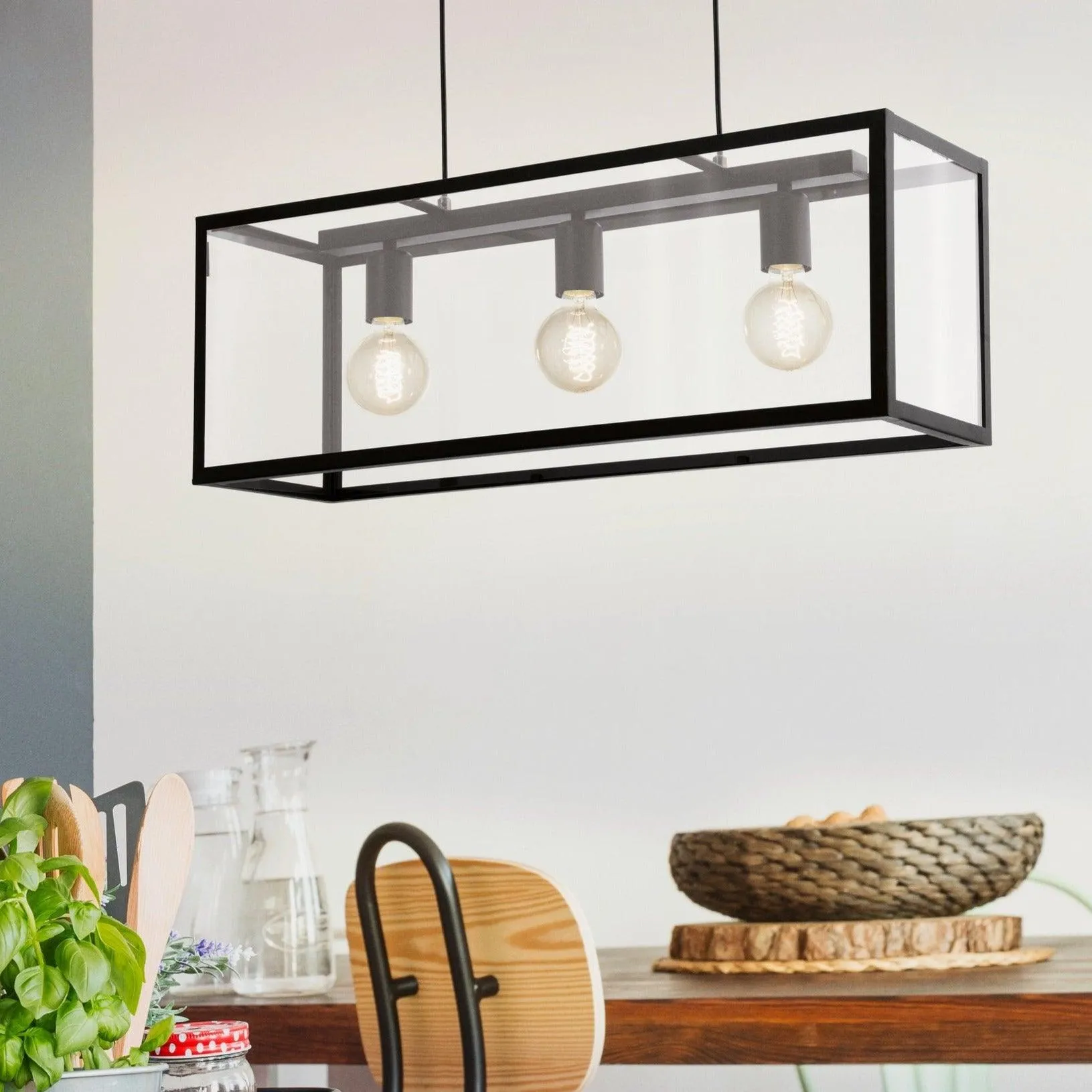 Eglo Charterhouse Black Metal Framed Glass Panelled Ceiling Pendant