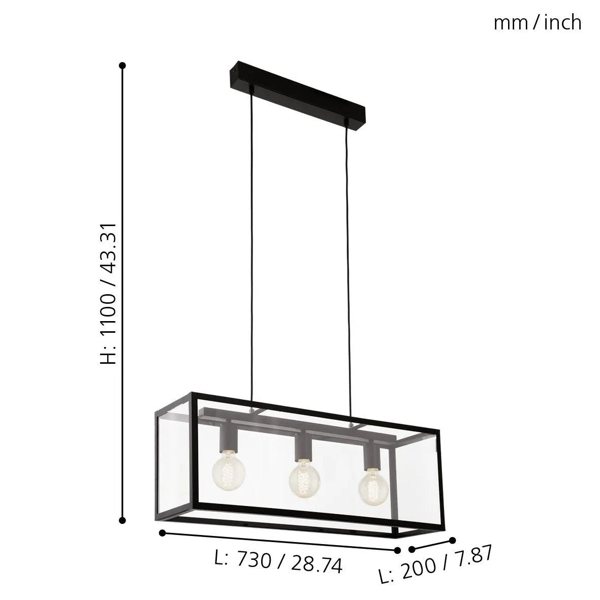 Eglo Charterhouse Black Metal Framed Glass Panelled Ceiling Pendant