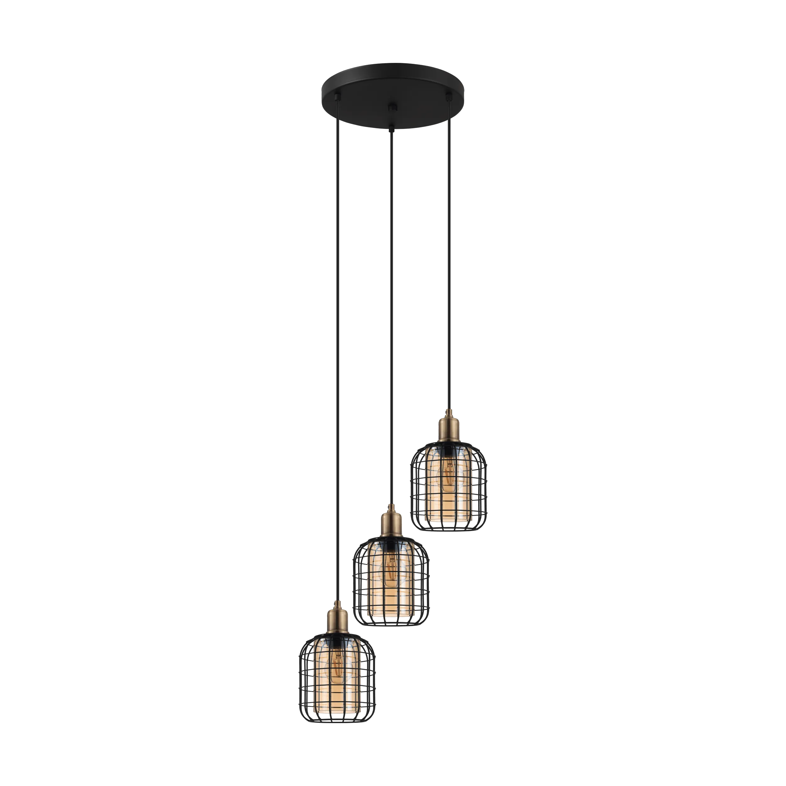 Eglo Chisle 3 Light Black Wire & Amber Glass Shaded Pendant