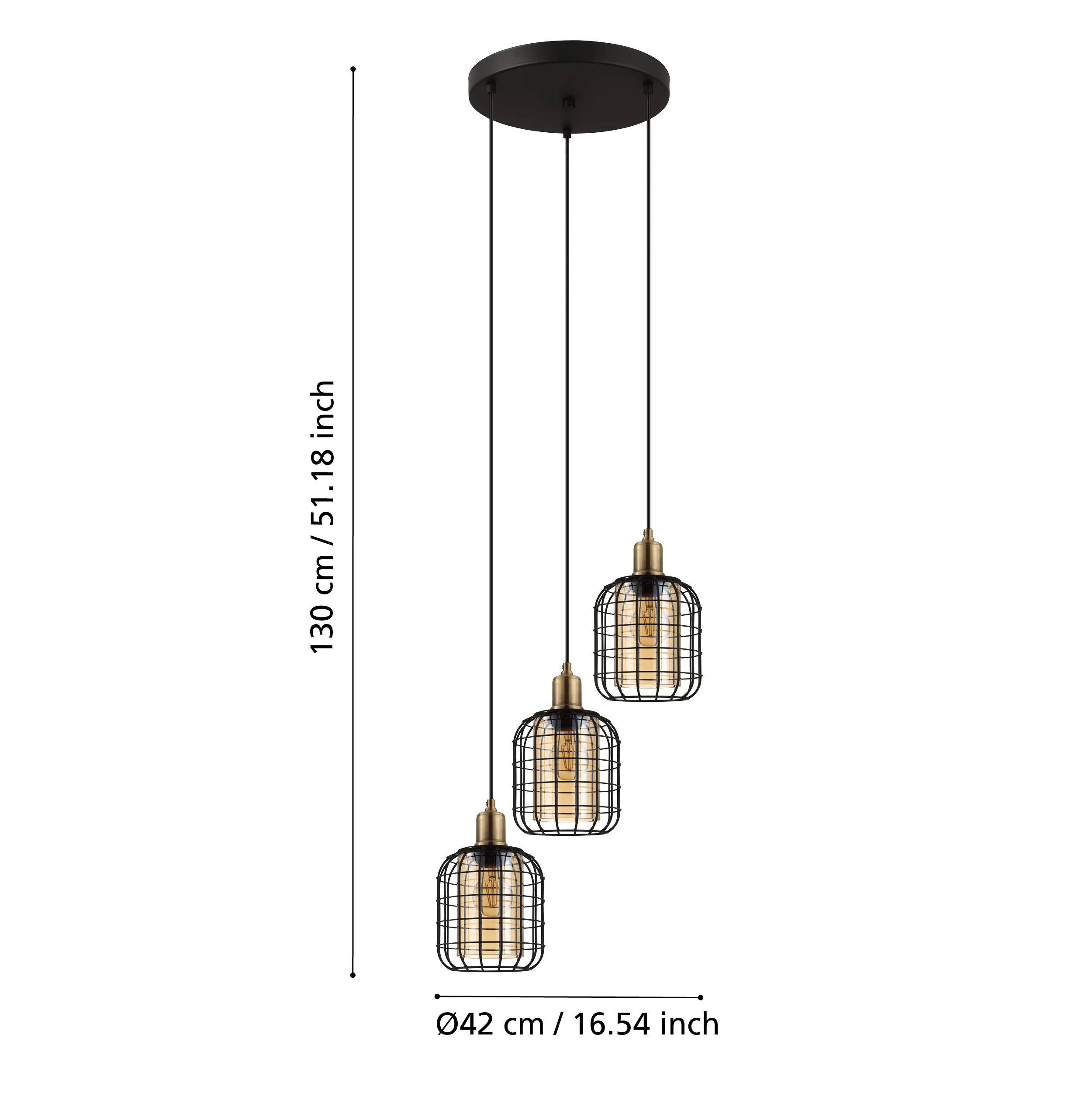Eglo Chisle 3 Light Black Wire & Amber Glass Shaded Pendant
