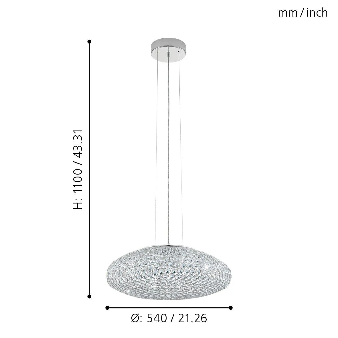 Eglo Clemente Oval Chrome & Clear Glass Crystal Ceiling Pendant - 54cm