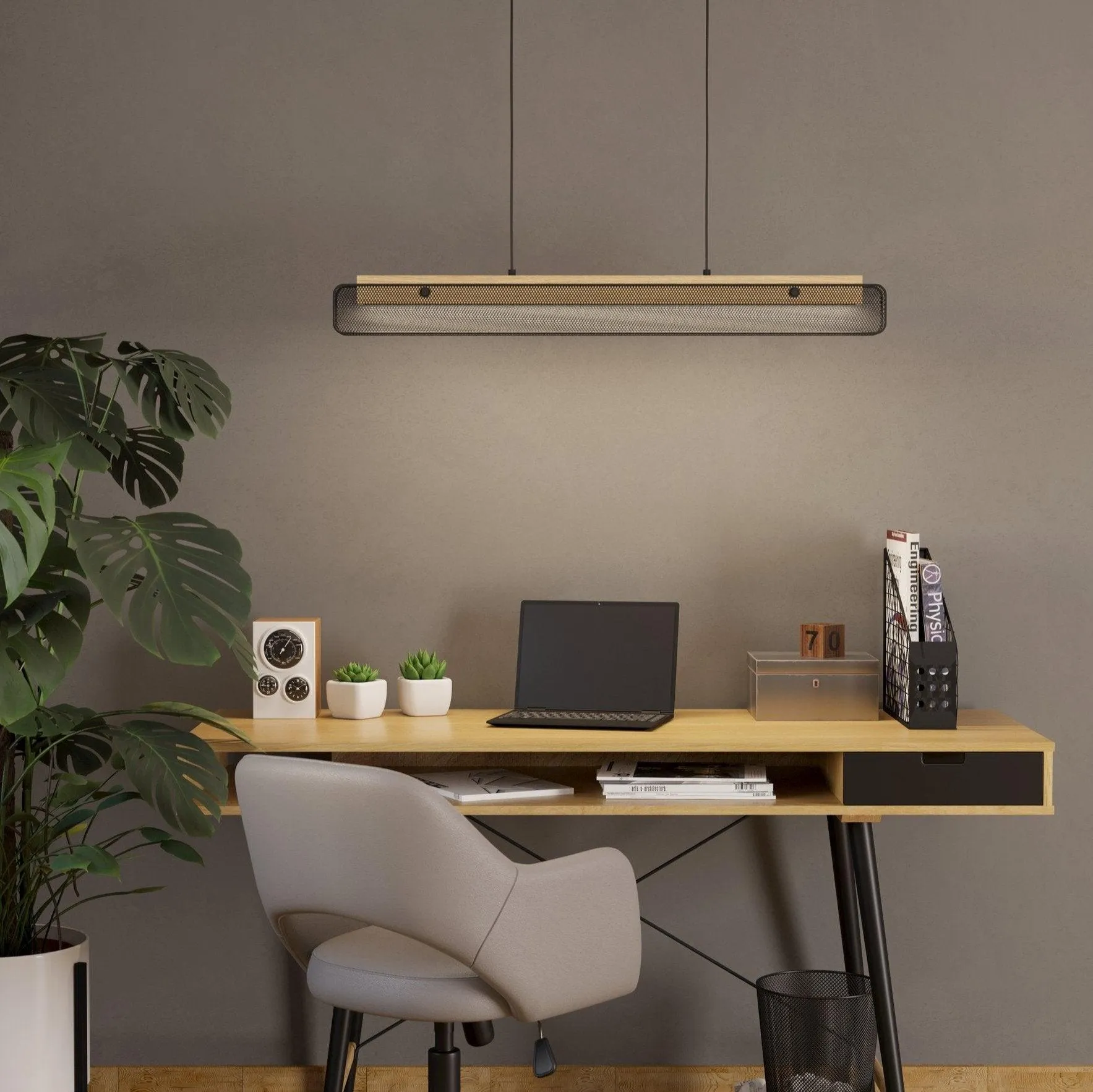 Eglo Connect Kokomo-Z Smart LED Rubberwood & Black Metal Mesh Pendant flush mount ceiling fixture