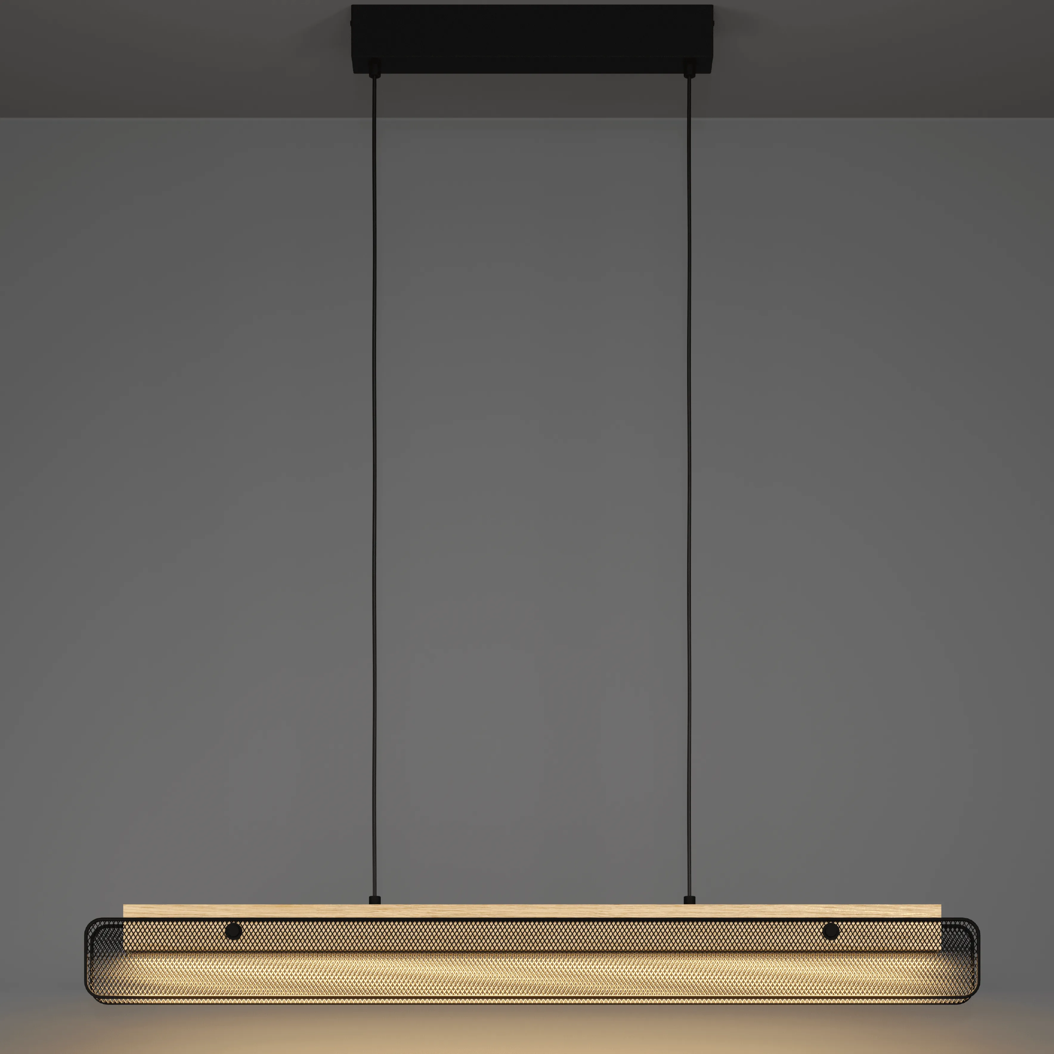 Eglo Connect Kokomo-Z Smart LED Rubberwood & Black Metal Mesh Pendant