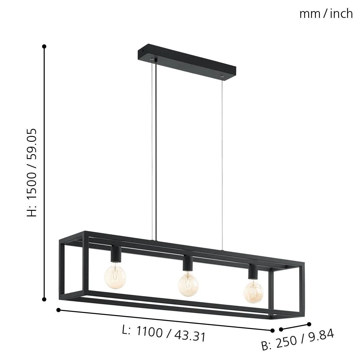 Eglo Elswick 3 Light Exposed Black Metal Framed Ceiling Pendant
