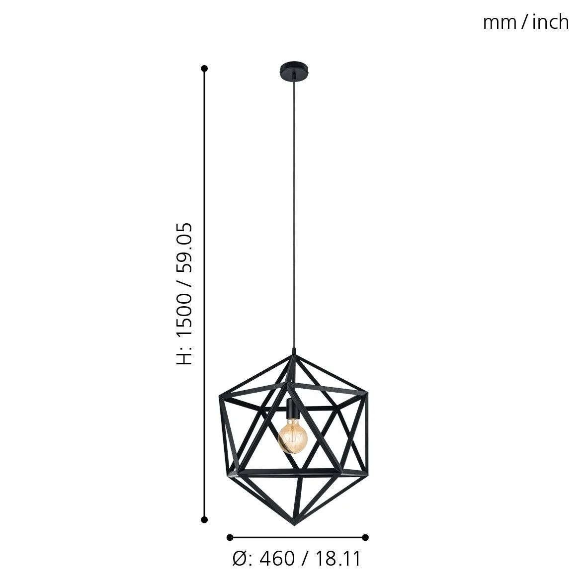 Eglo Embleton Black Diamond-shaped Metal Ceiling Pendant - 46cm