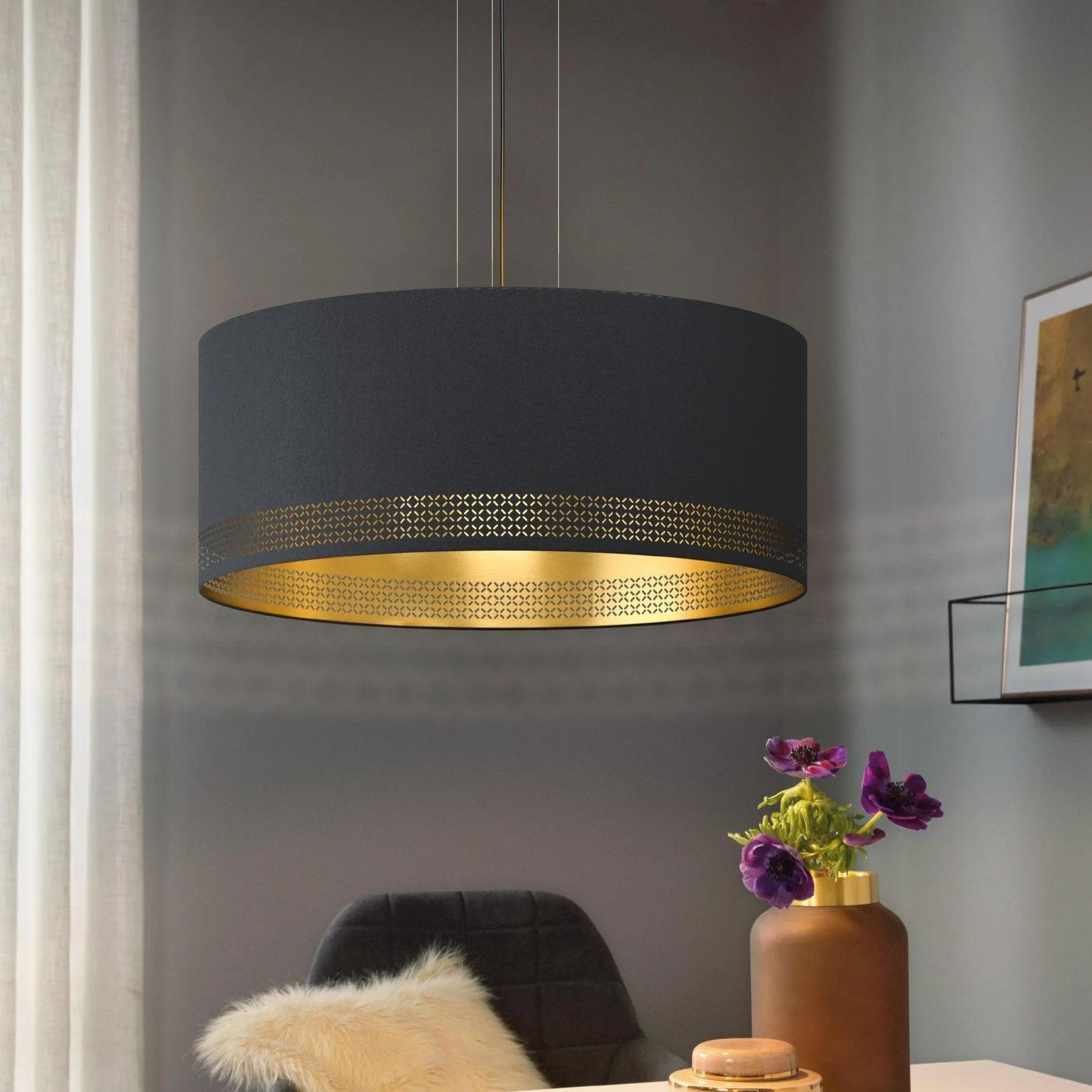 Eglo Esteperra Black & Gold Fabric Ceiling Pendant - 53cm flush mount ceiling fixture