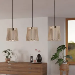 Eglo Fattoria 3 Light Wood Slat & Fabric Ceiling Pendant flush mount ceiling fixture