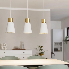 Eglo Aglientina 3 Light Brass & White Fabric Shade Pendant sleek LED ceiling lamp