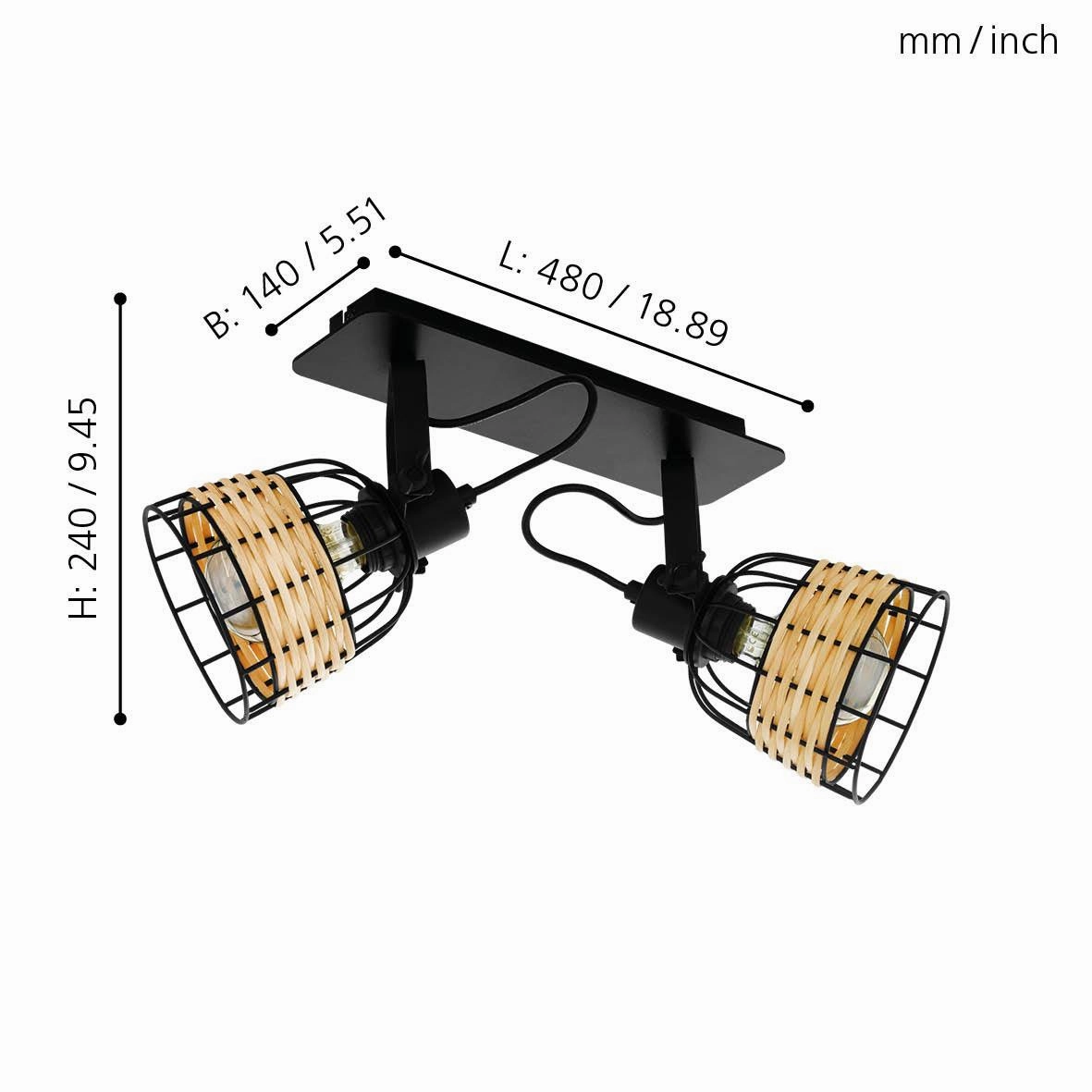 Eglo Anwick 1 Black & Rattan 2 Light Spotlight