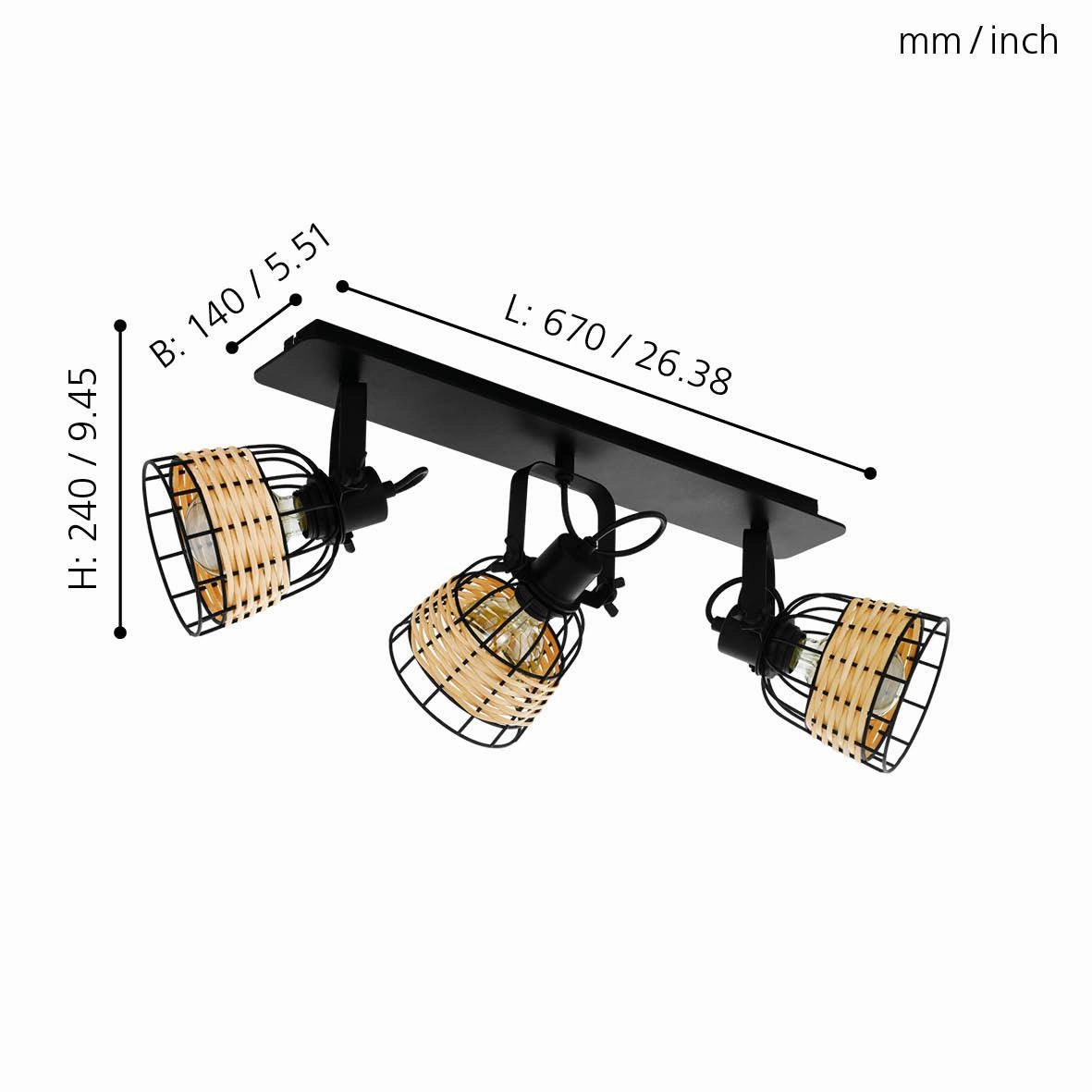 Eglo Anwick 1 Black & Rattan 3 Light Spotlight