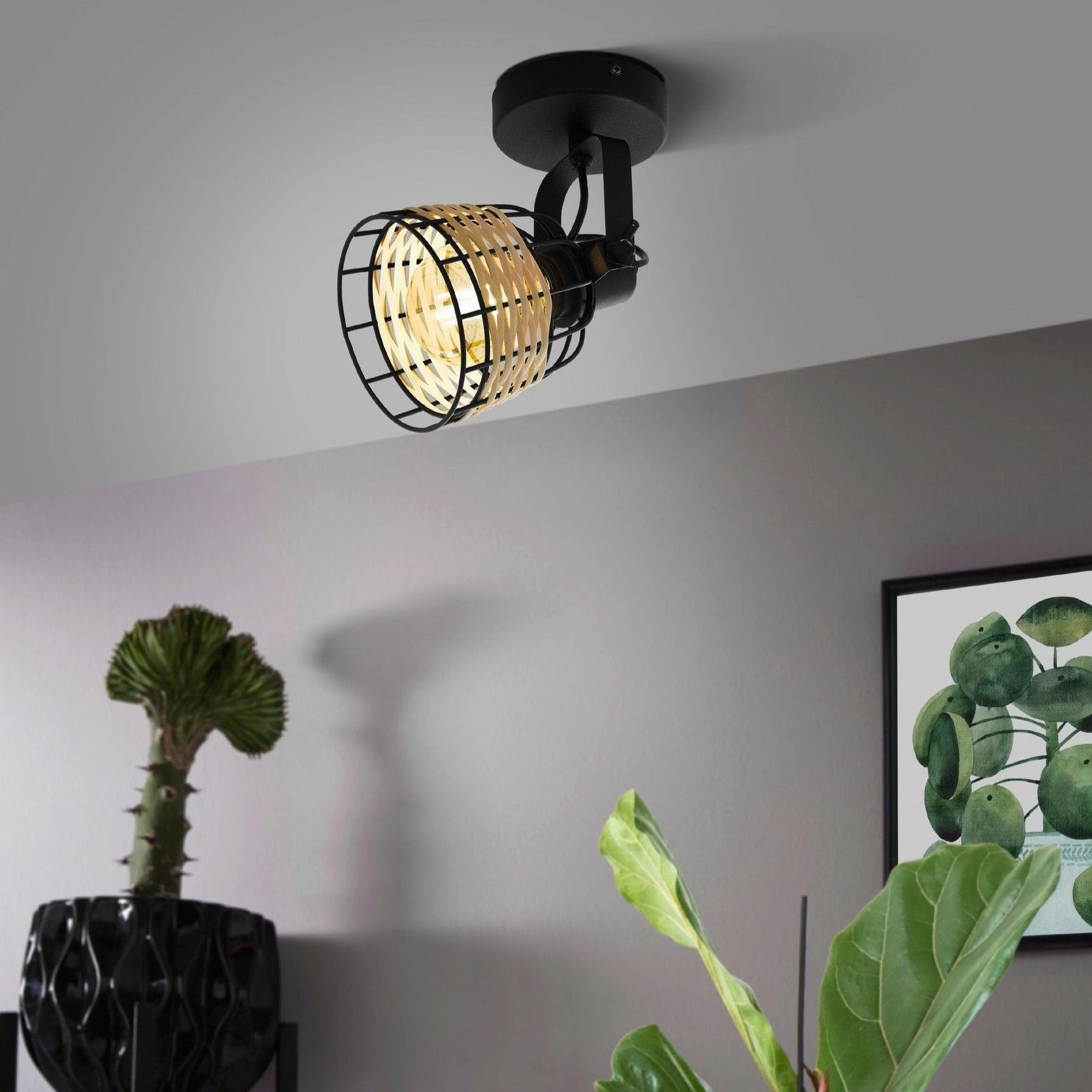 Eglo Anwick 1 Black & Rattan Spotlight tall arc lamp for living room