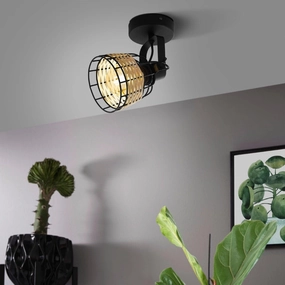 Eglo Anwick 1 Black & Rattan Spotlight tall arc lamp for living room