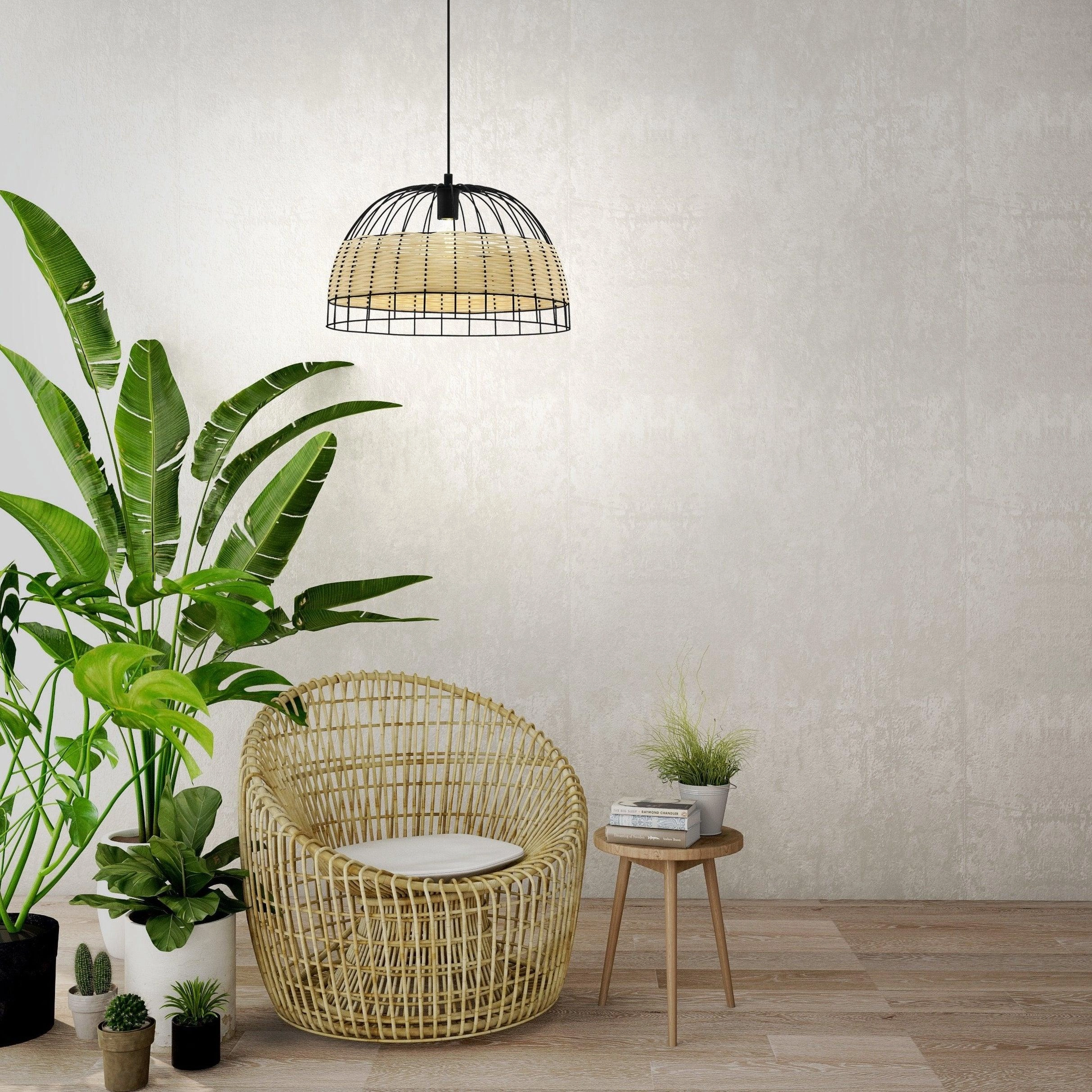 Eglo Anwick Black Metal Frame & Rattan Ceiling Pendant - 50cm