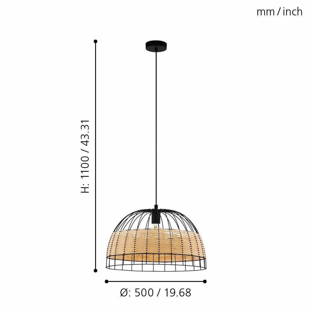 Eglo Anwick Black Metal Frame & Rattan Ceiling Pendant - 50cm