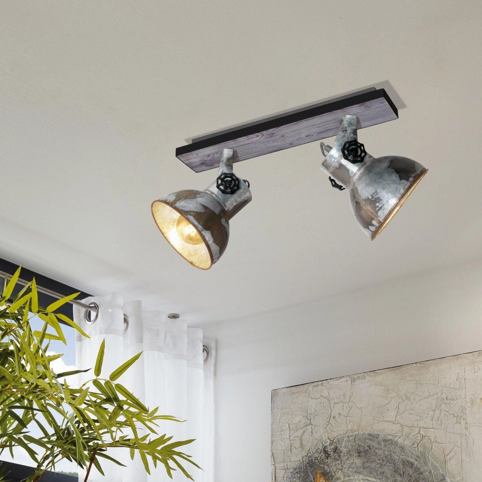 Eglo Barnstaple Wood & Distressed Steel 2 Light Bar Spotlight tall arc lamp for living room