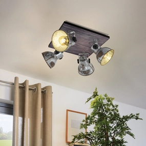 Eglo Barnstaple Wood & Distressed Steel 4 Light Plate Spotlight tall arc lamp for living room