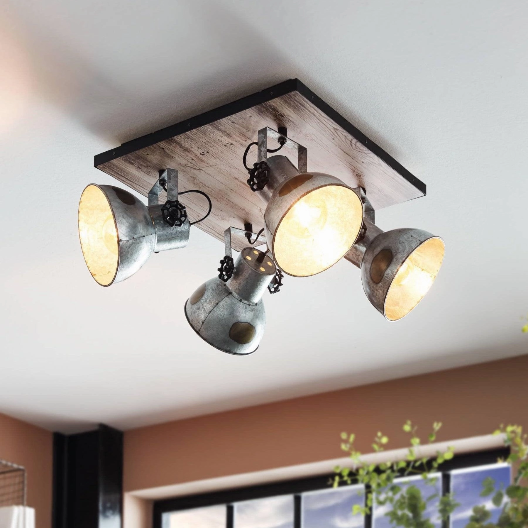 Eglo Barnstaple Wood & Distressed Steel 4 Light Plate Spotlight