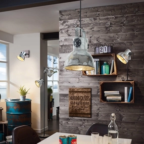 Eglo Barnstaple Wood & Distressed Steel Wall Spotlight tall arc lamp for living room