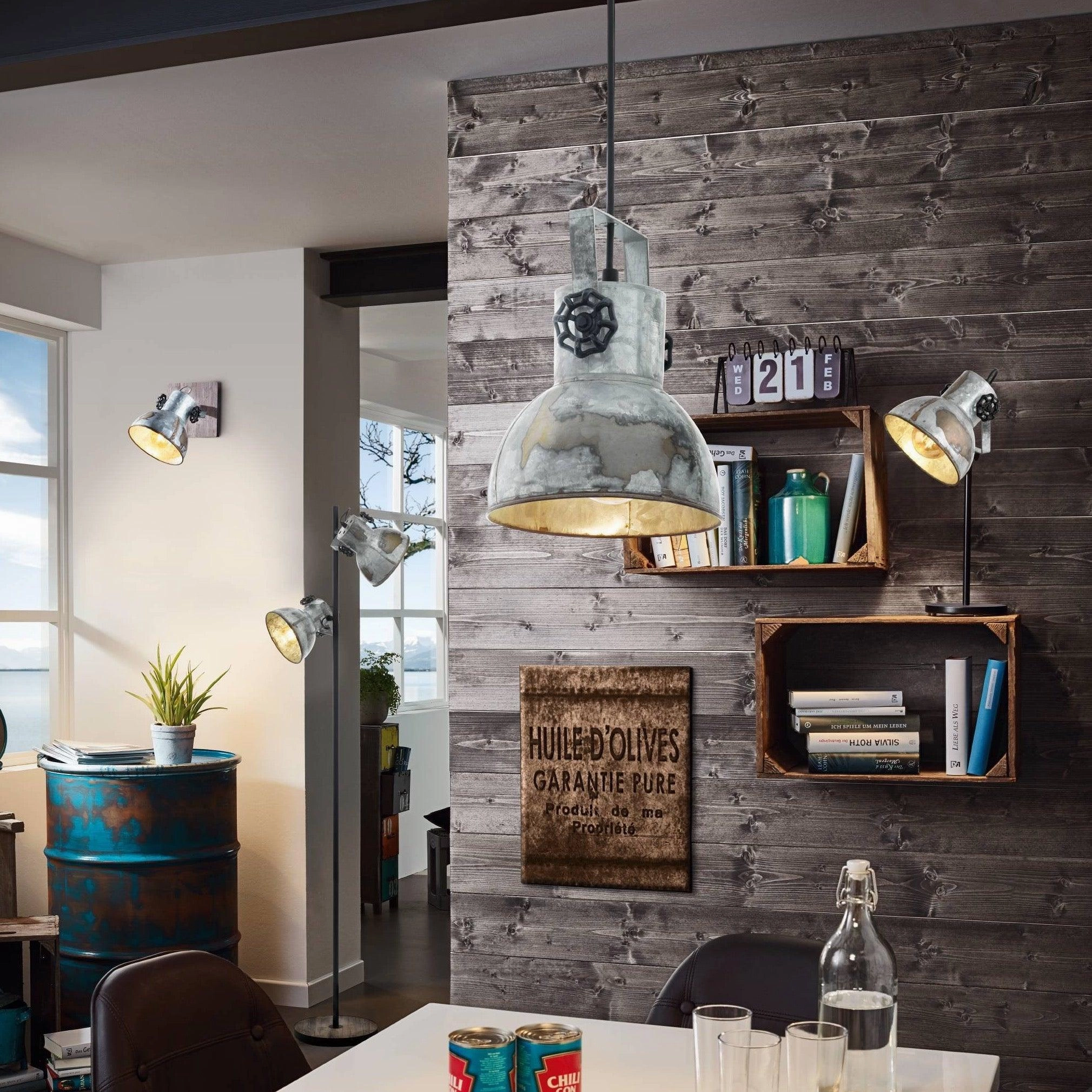 Eglo Barnstaple Wood & Distressed Steel Wall Spotlight tall arc lamp for living room