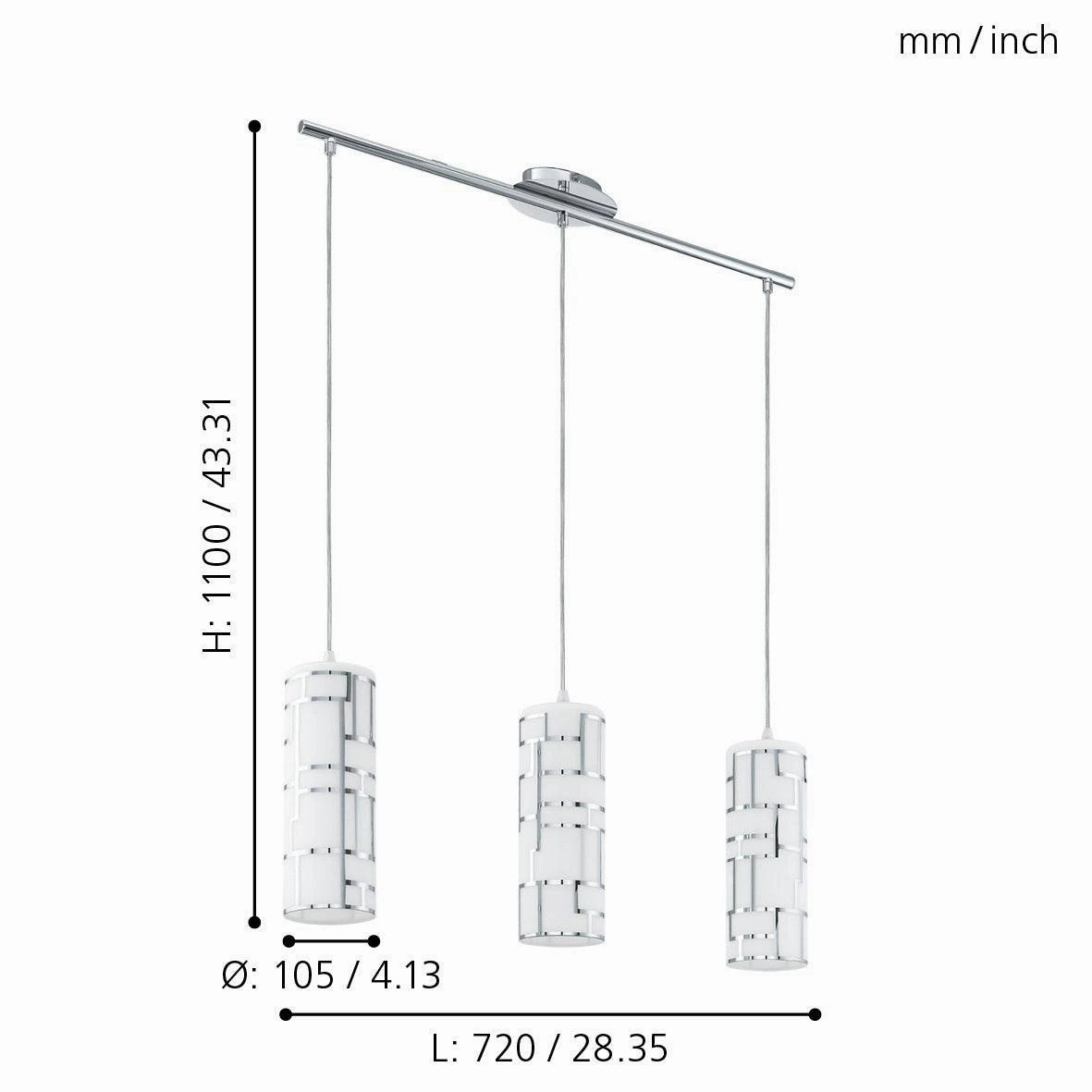 Eglo Bayman 3 Light Bar Pendant - Chrome Plates White Glass Shades