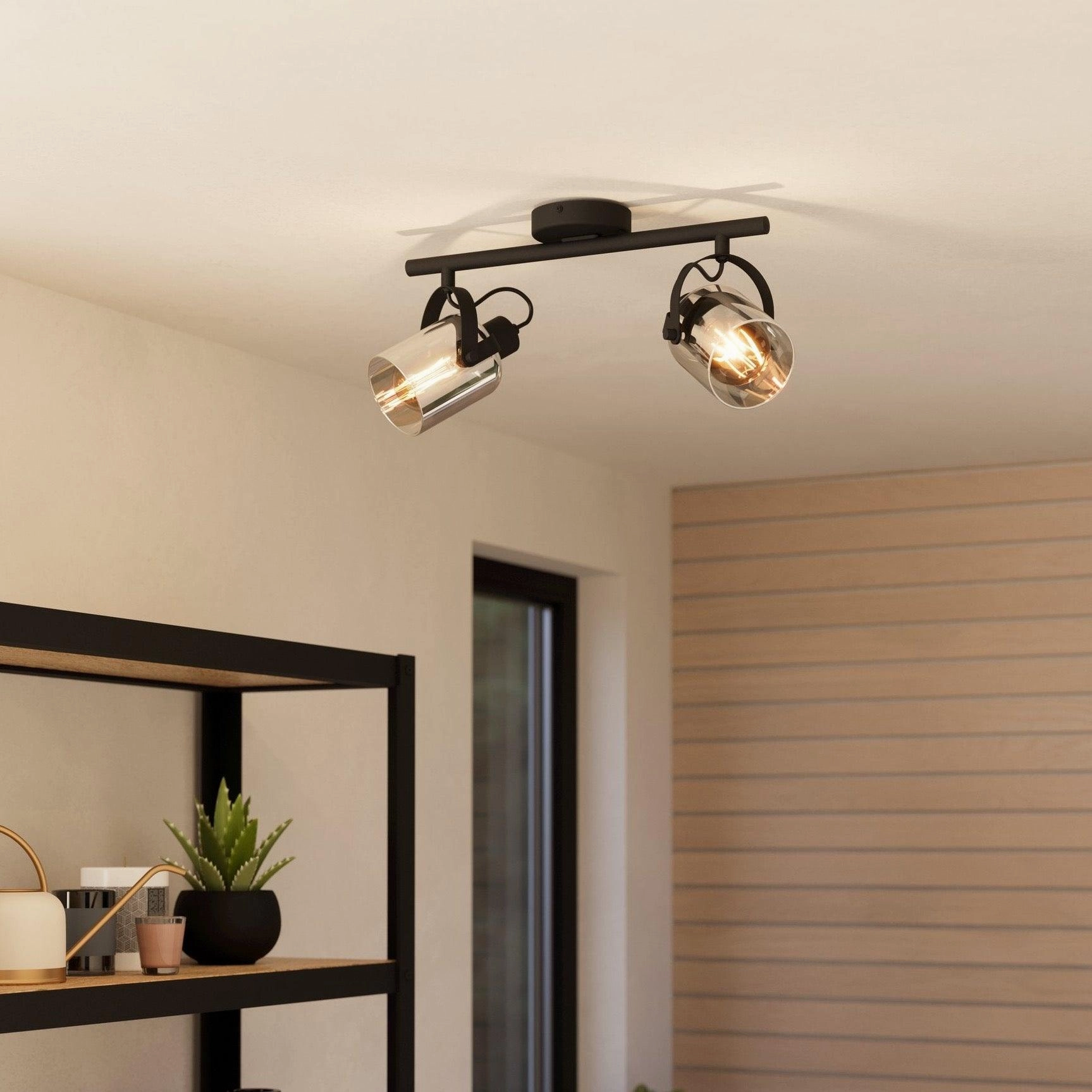 Eglo Berregas Vaporised Glass & Black 2 Light Bar Spotlight tall arc lamp for living room