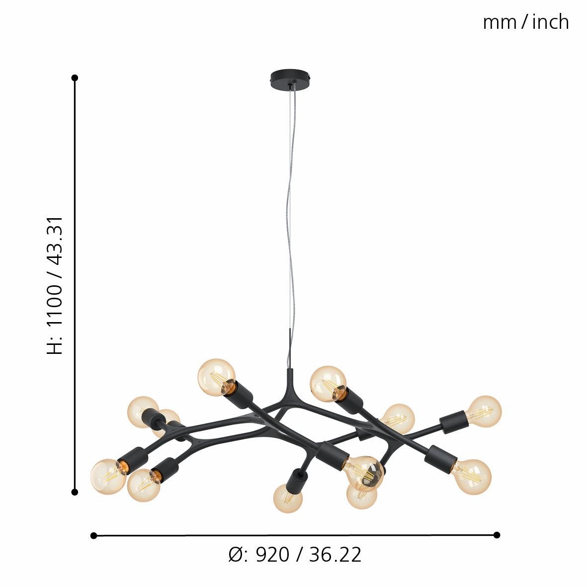 Eglo Bocadella 12 Arm Black Metal Ceiling Pendant