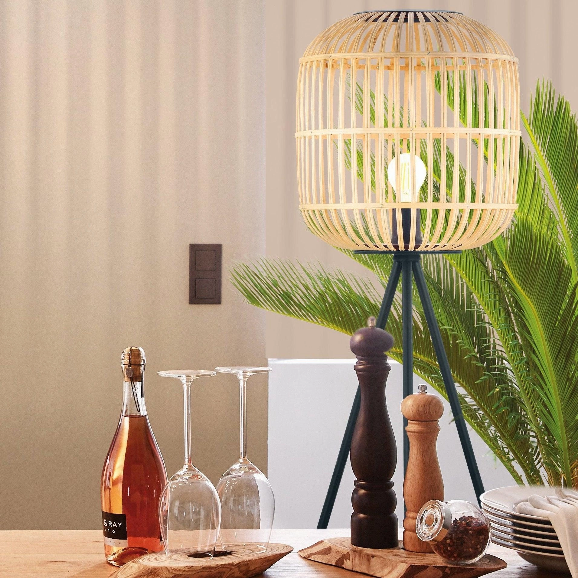 Eglo Bordesley Black Metal Tripod Floor Lamp With Bamboo Shade
