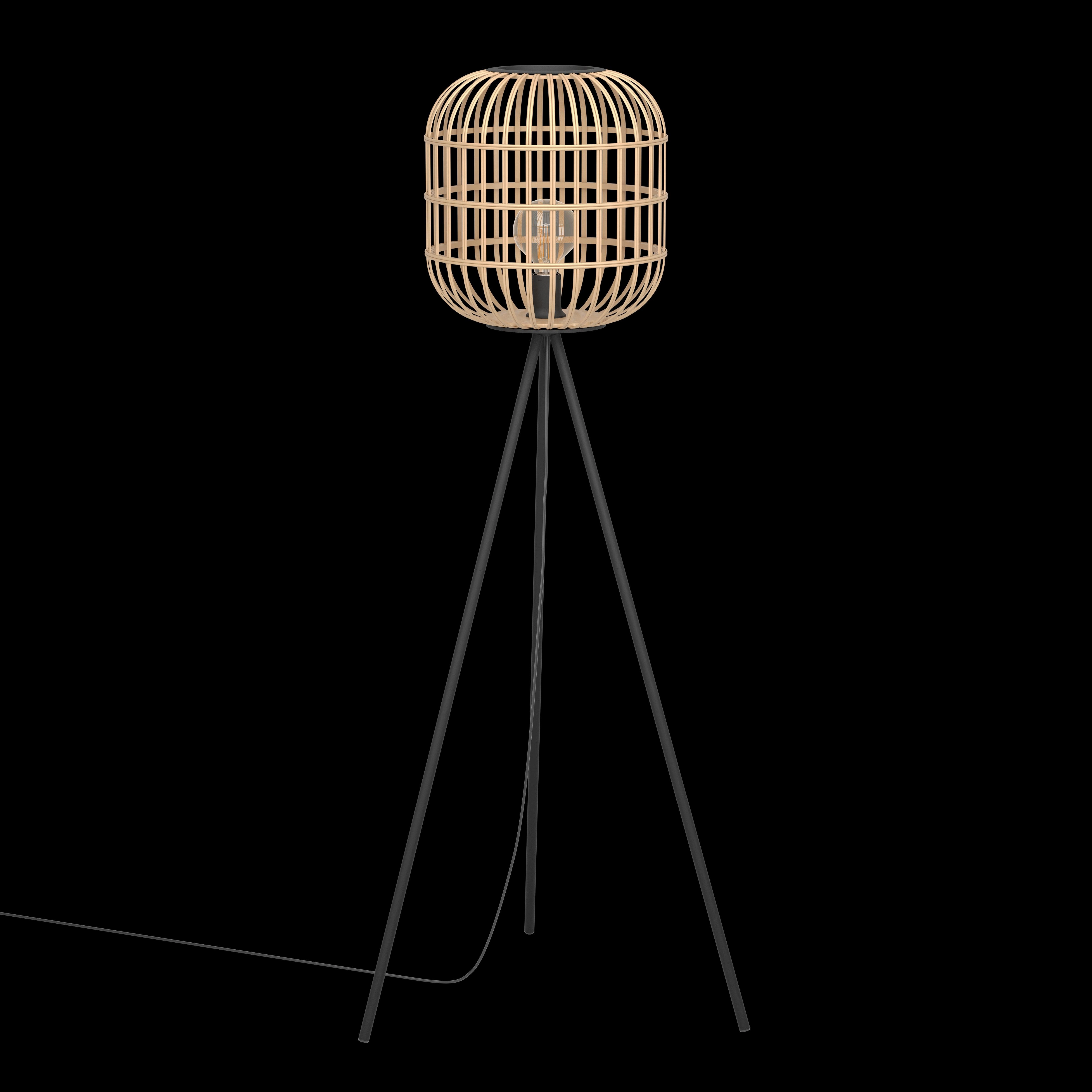 Eglo Bordesley Black Metal Tripod Floor Lamp With Bamboo Shade