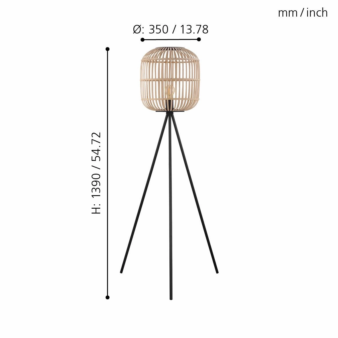 Eglo Bordesley Black Metal Tripod Floor Lamp With Bamboo Shade