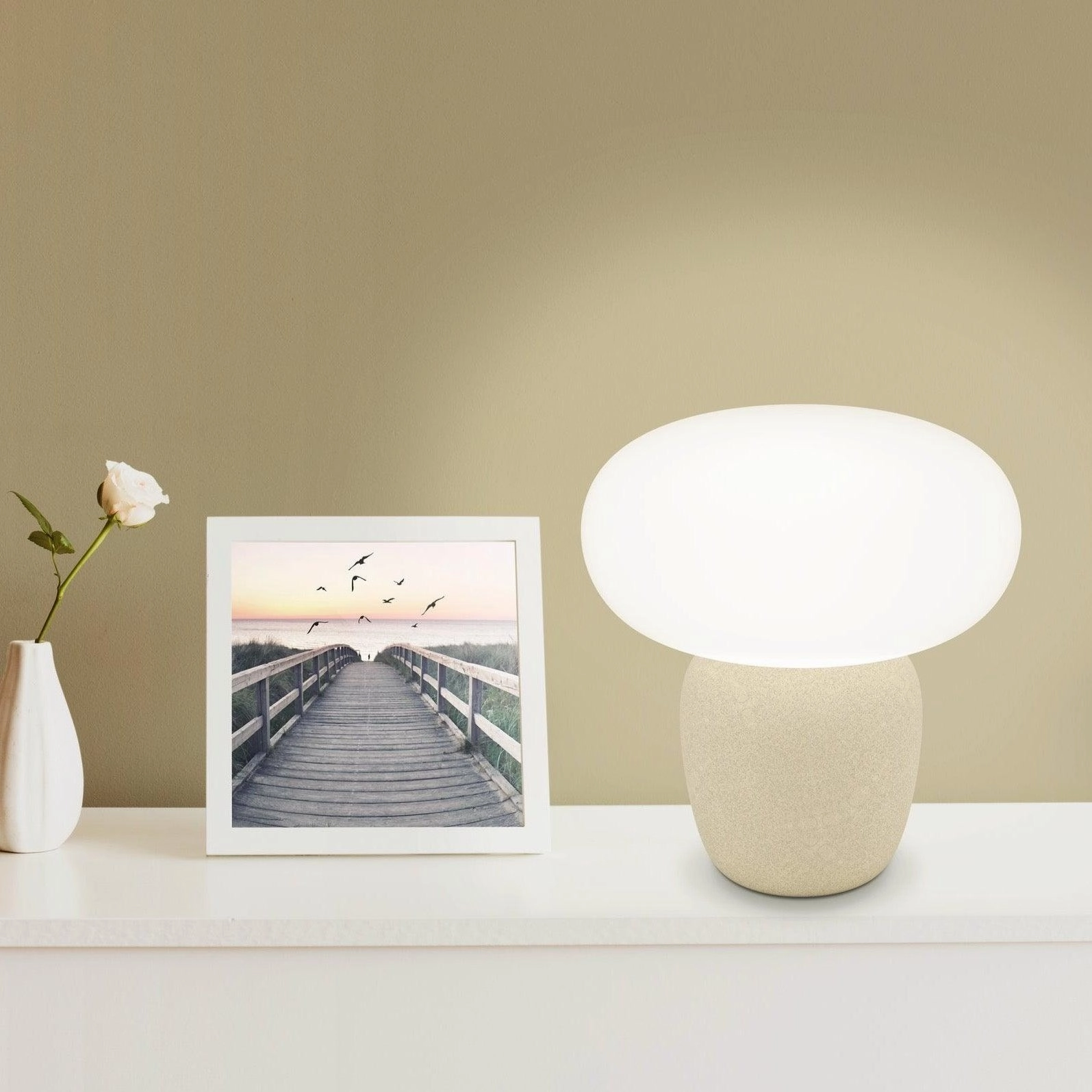 Eglo Cahuama Brown Ceramic Table Lamp - Satin White Glass Shade energy-saving LED light