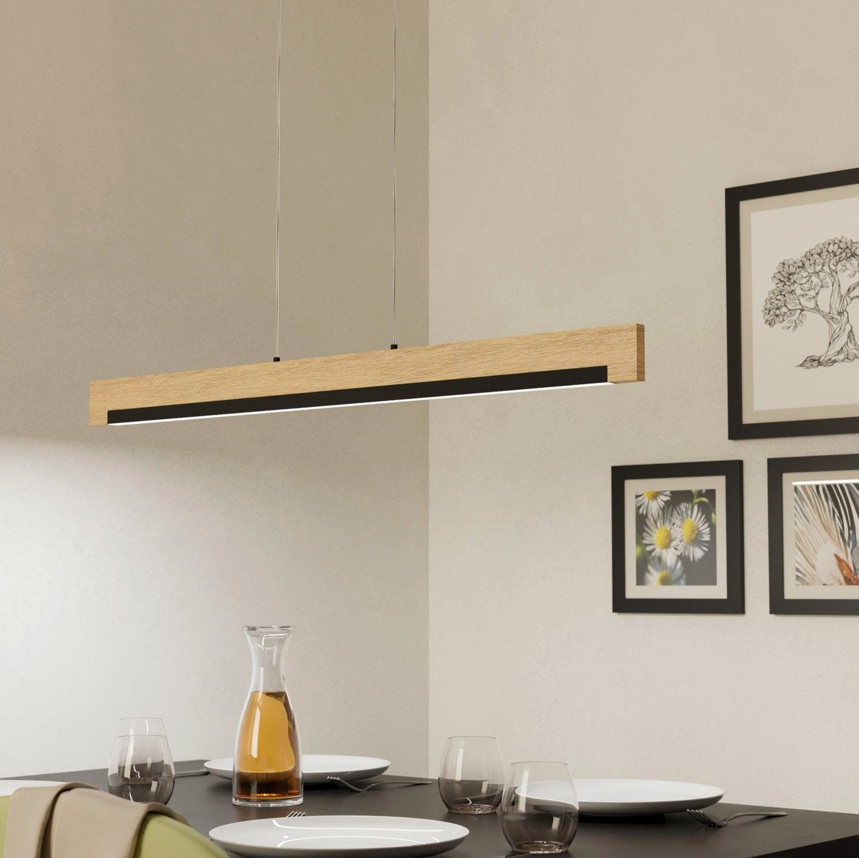 Eglo Camacho LED Black & Oak Wood Style Bar Ceiling Pendant