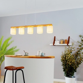 Eglo Castralvo 5 Light Wood Bar Ceiling Pendant - White Fabric Shades sleek LED ceiling lamp