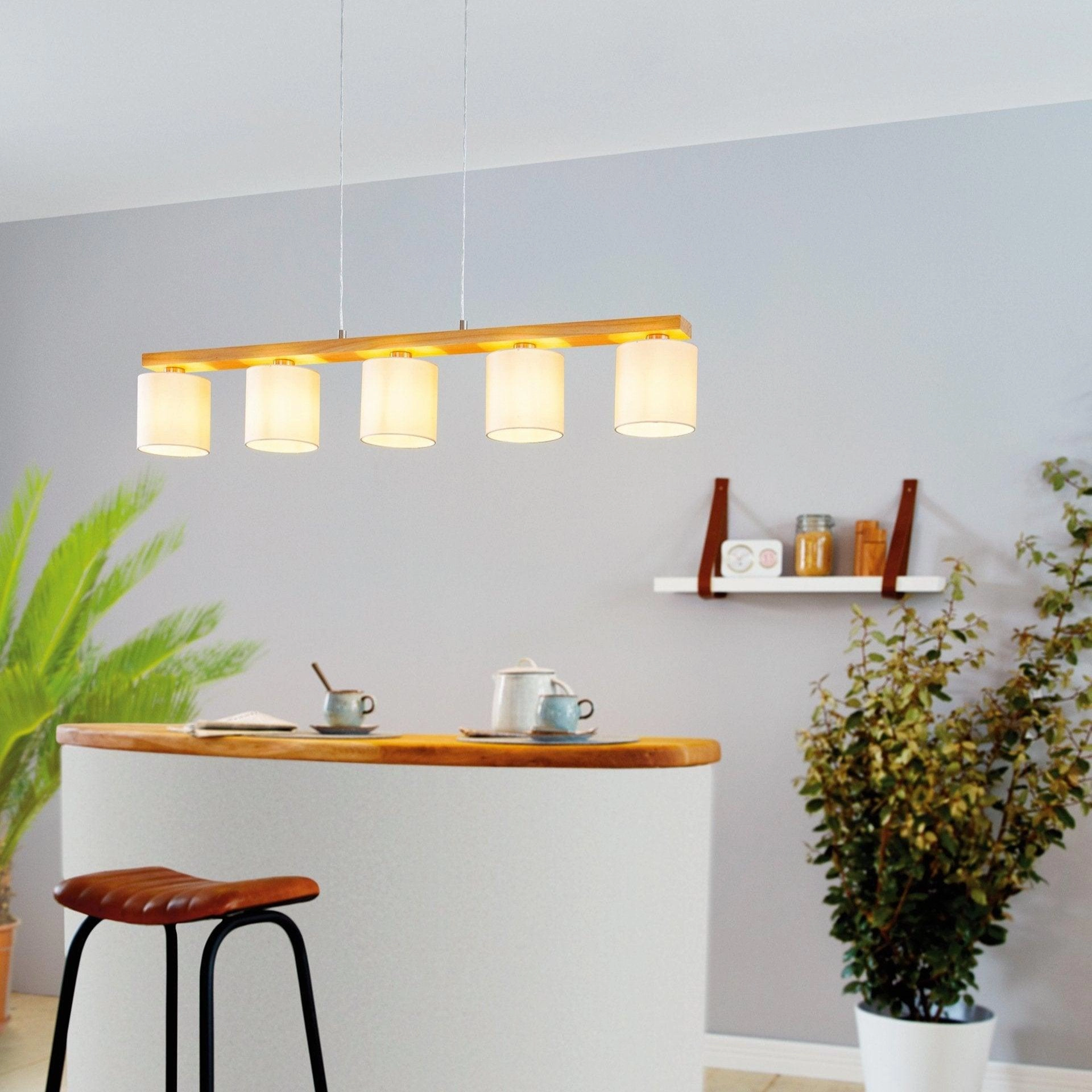 Eglo Castralvo 5 Light Wood Bar Ceiling Pendant - White Fabric Shades sleek LED ceiling lamp