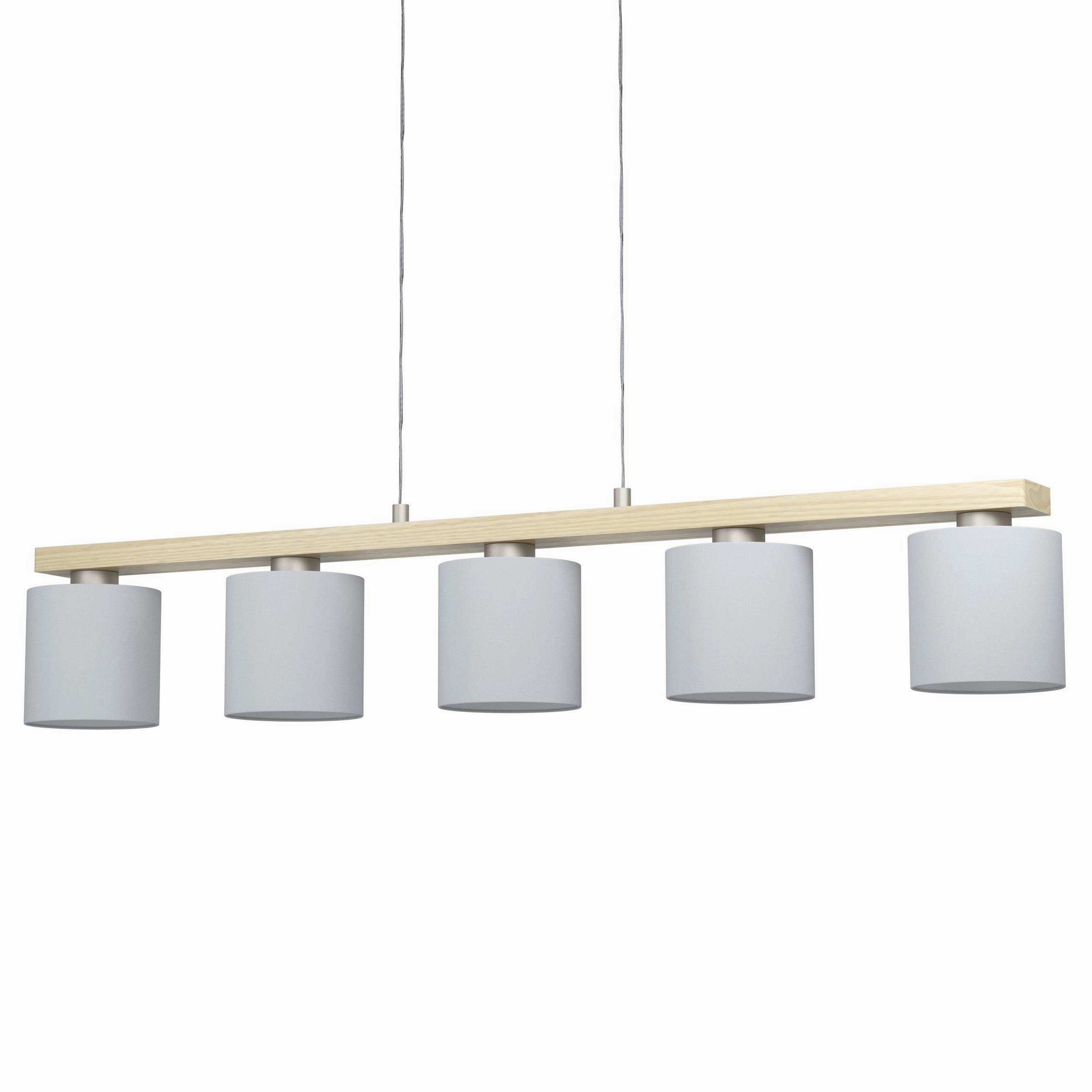 Eglo Castralvo 5 Light Wood Bar Ceiling Pendant - White Fabric Shades