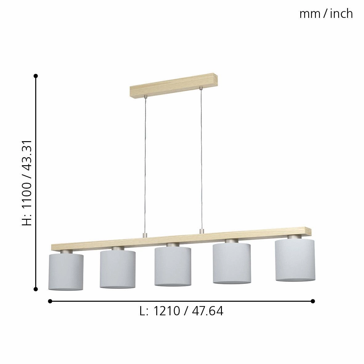 Eglo Castralvo 5 Light Wood Bar Ceiling Pendant - White Fabric Shades