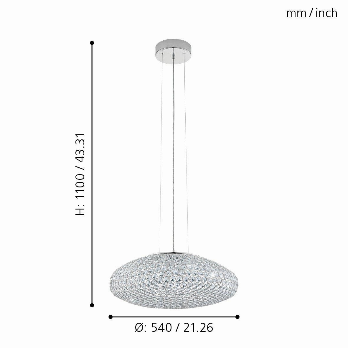 Eglo Clemente Oval Chrome & Clear Glass Crystal Ceiling Pendant - 54cm