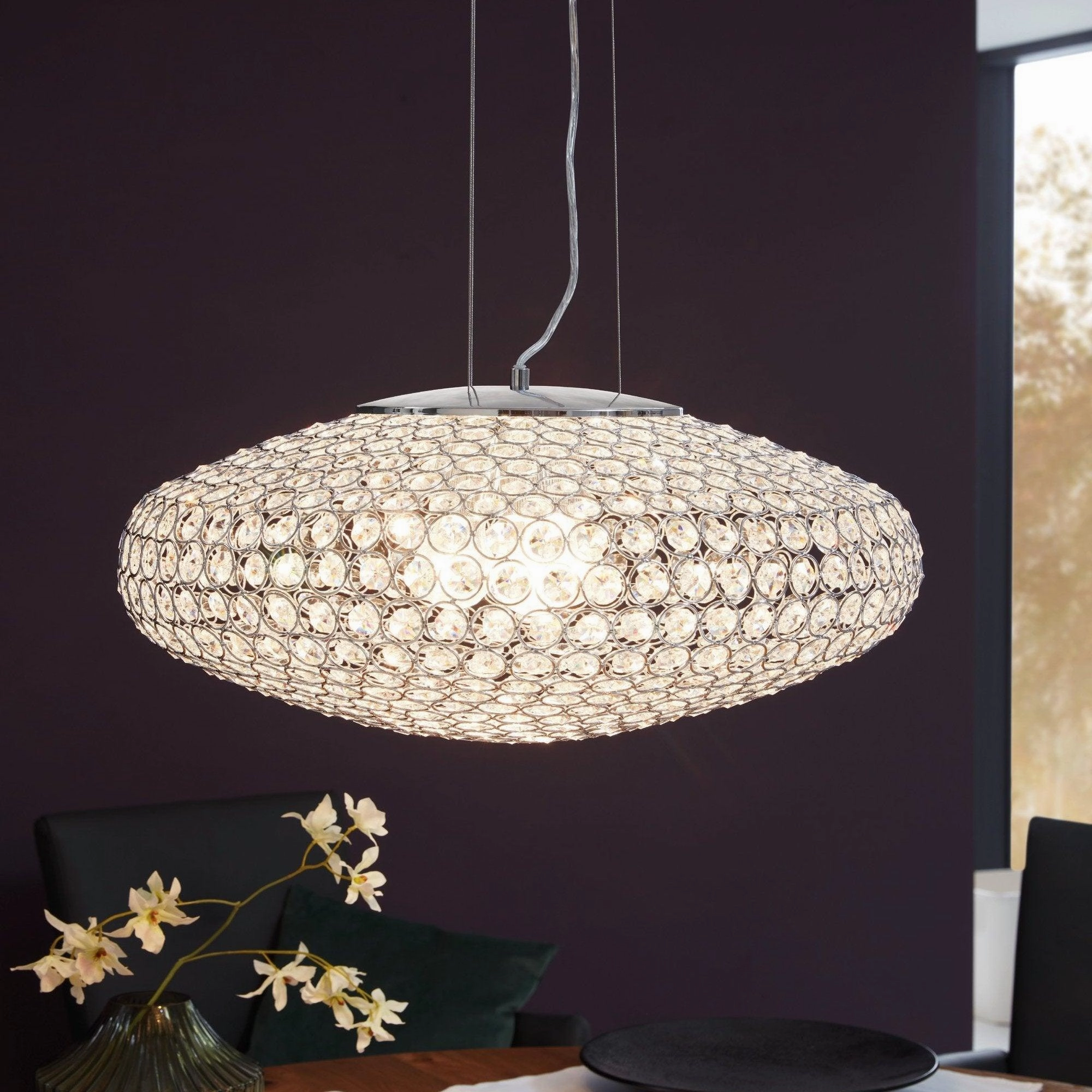 Eglo Clemente Oval Chrome & Clear Glass Crystal Ceiling Pendant - 54cm sleek LED ceiling lamp