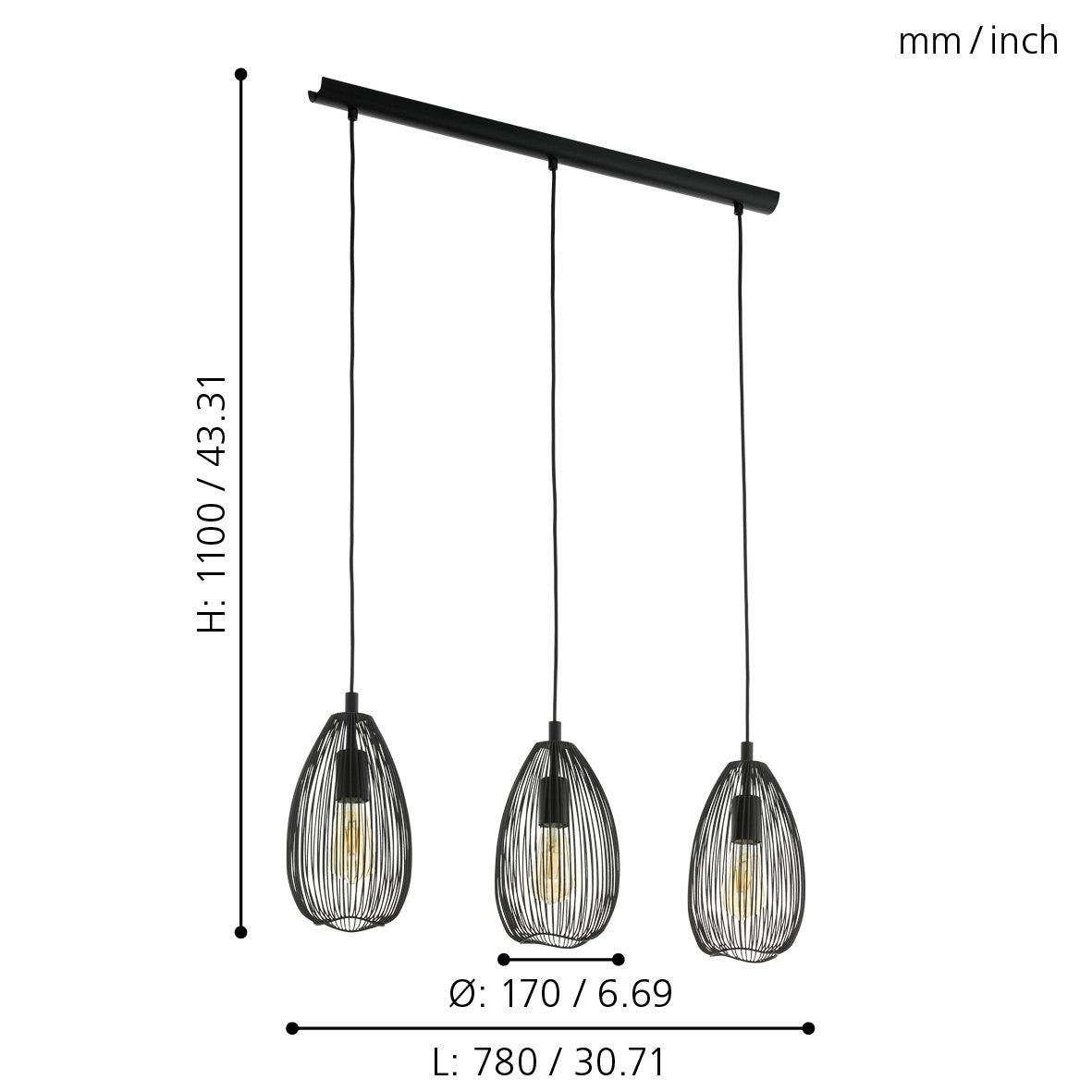 Eglo Clevedon 3 Light teardrop Black Wire Ceiling Pendant
