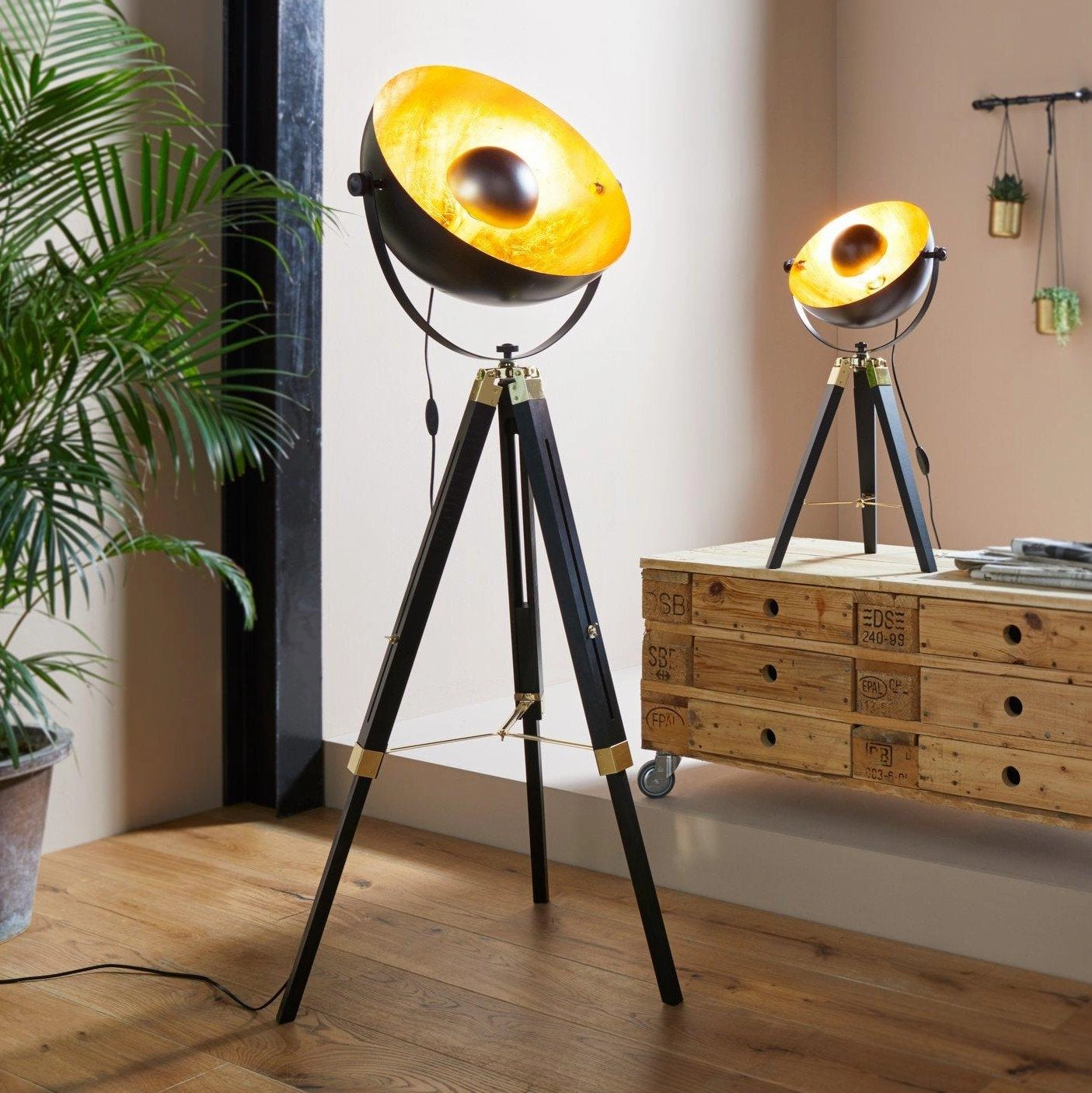 Eglo Covaleda Black Wood & Gold Tripod Adjustable Floor Lamp