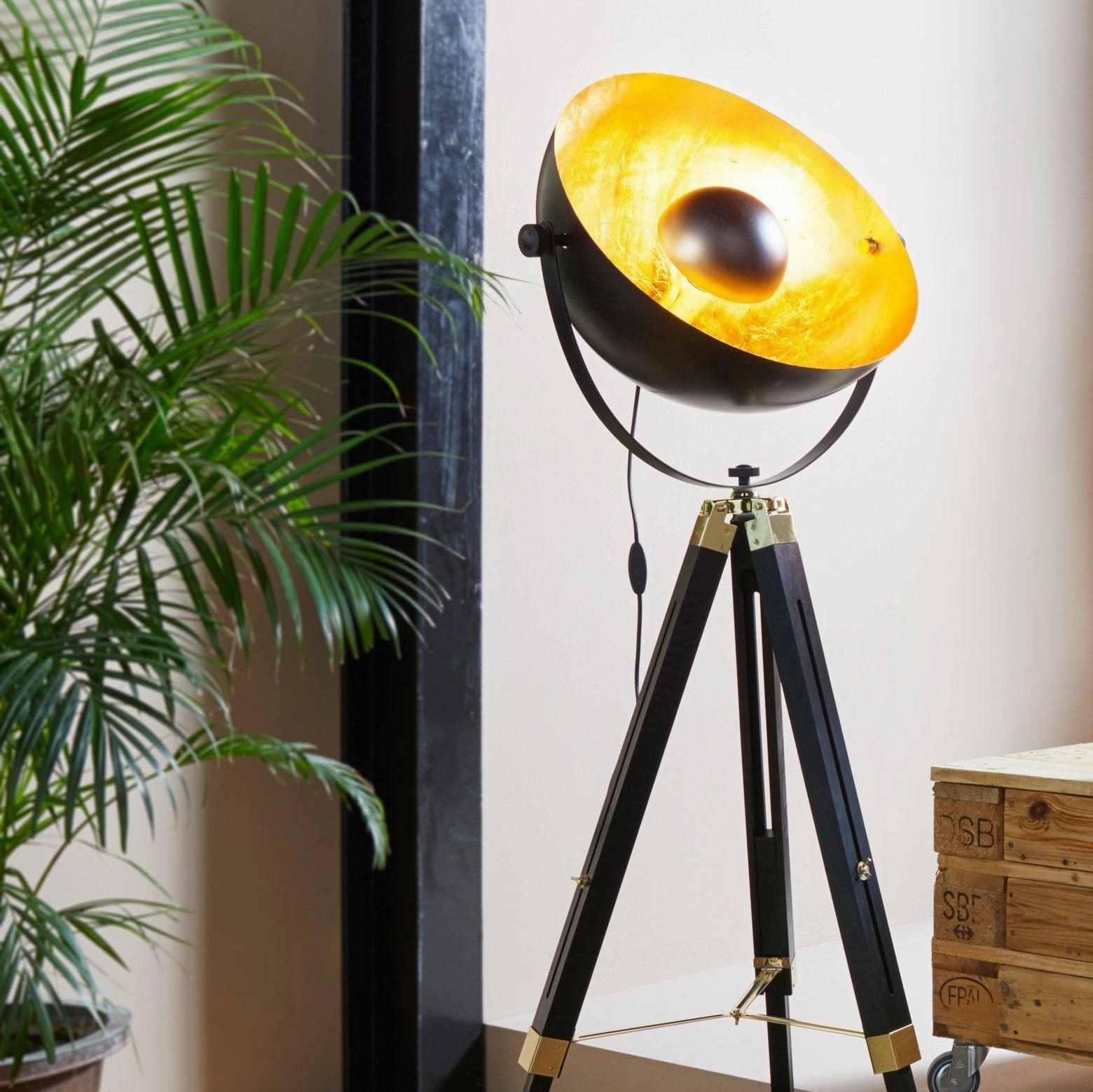 Eglo Covaleda Black Wood & Gold Tripod Adjustable Floor Lamp