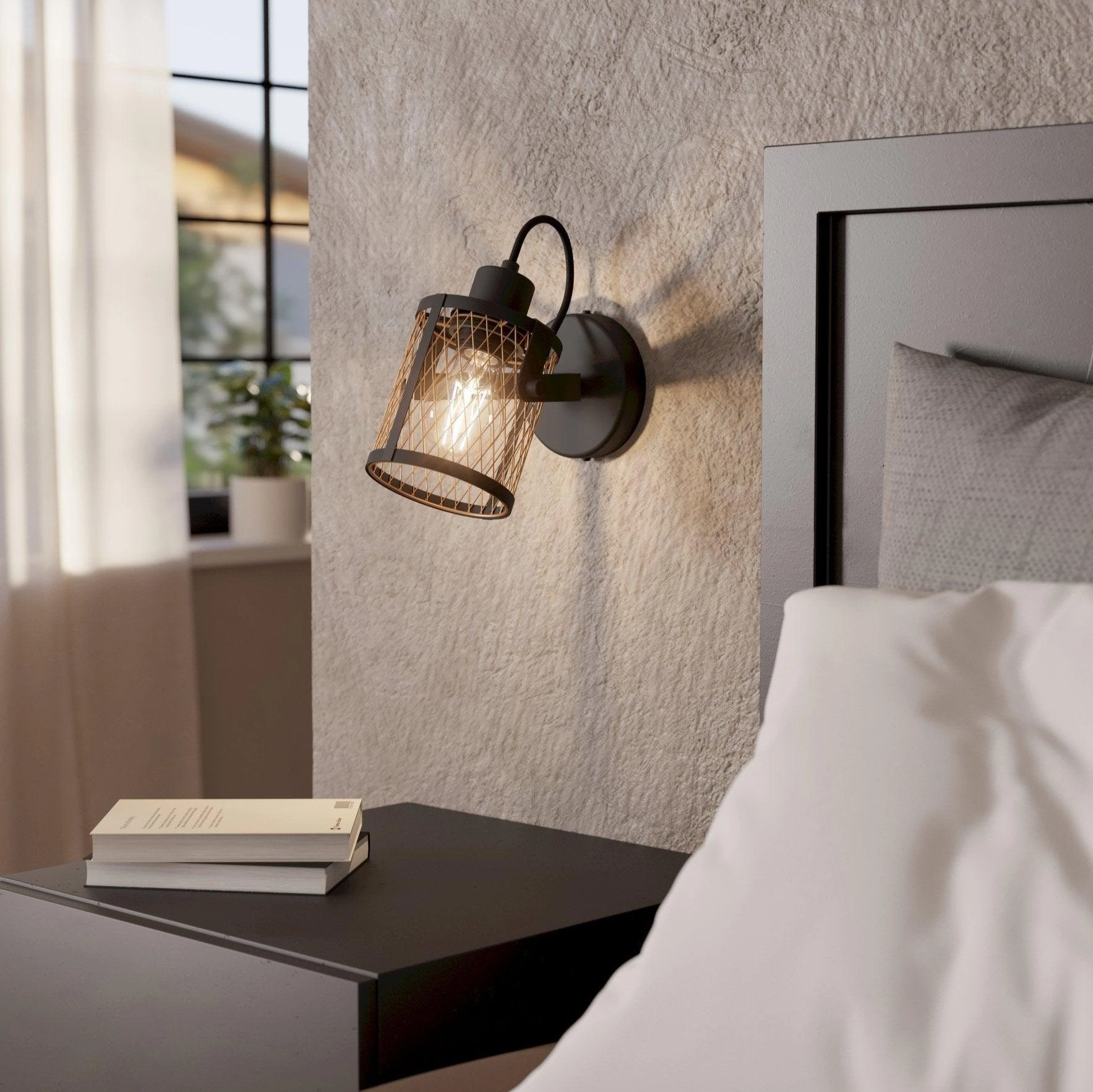 Eglo Dellow Brass Mesh & Black Spotlight tall arc lamp for living room