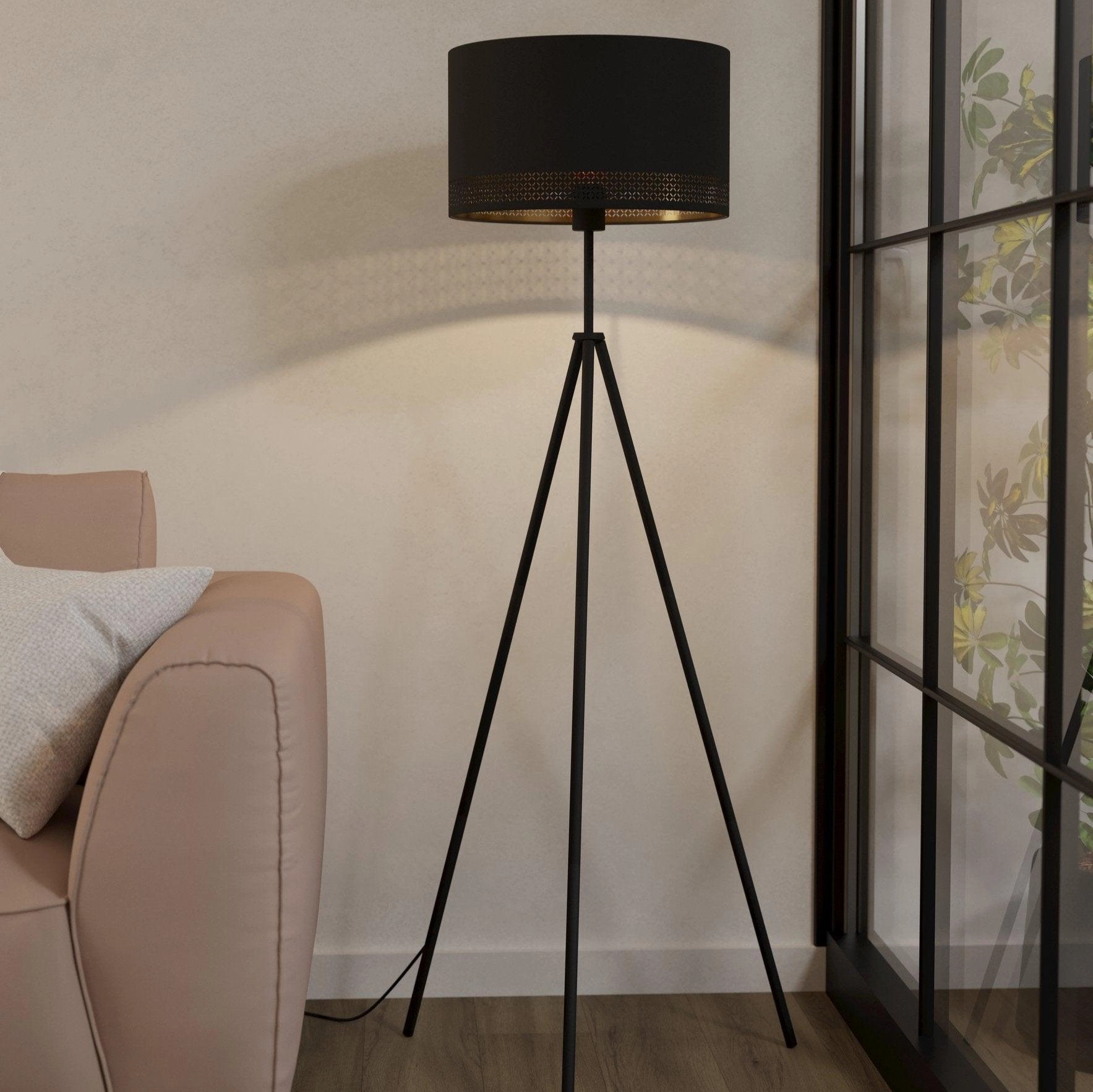 Eglo Esteperra Black Tripod Floor Lamp With Black & Gold Shade
