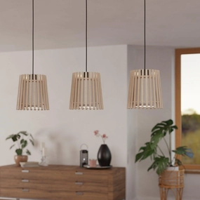 Eglo Fattoria 3 Light Wood Slat & Fabric Ceiling Pendant sleek LED ceiling lamp