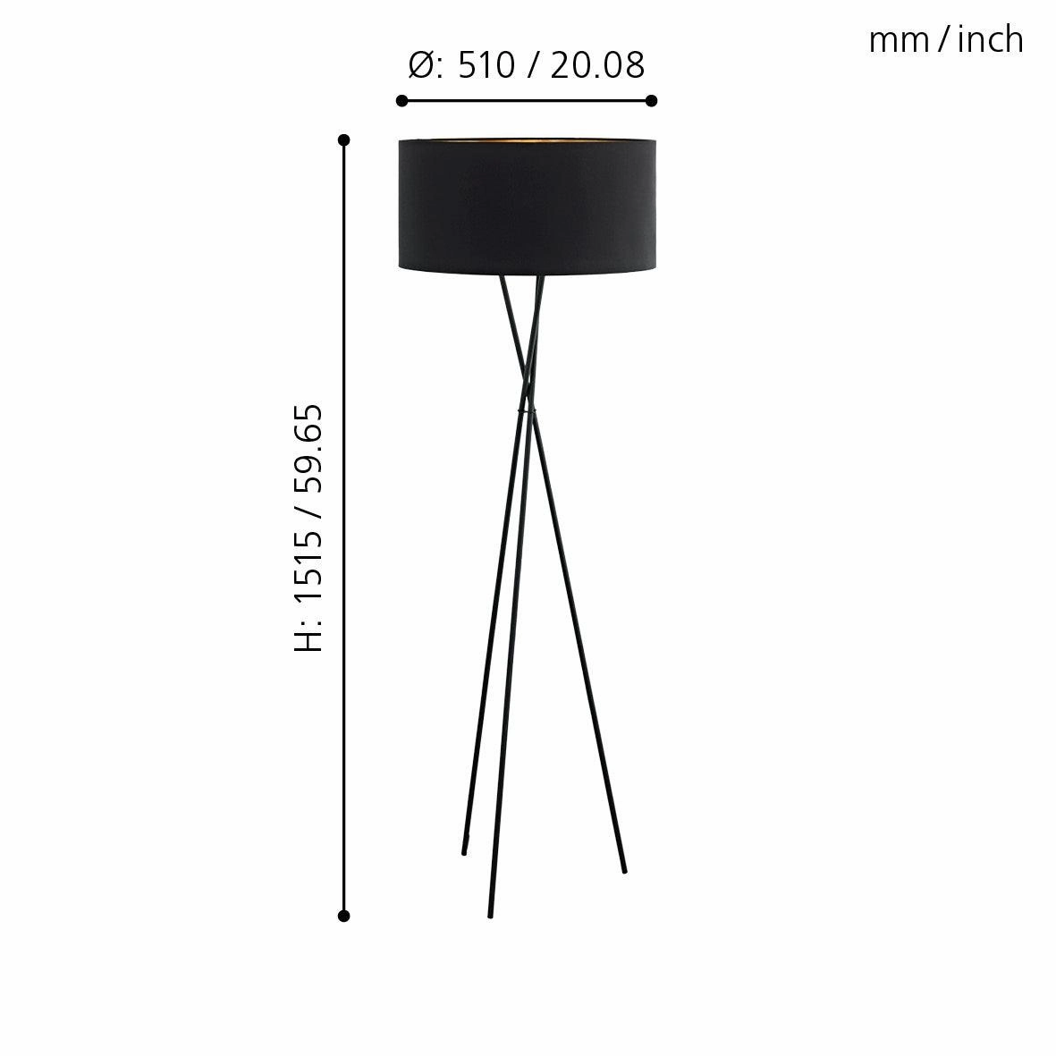 Eglo Fondachelli Black Tripod Floor Lamp - Fabric Black & Copper Shade