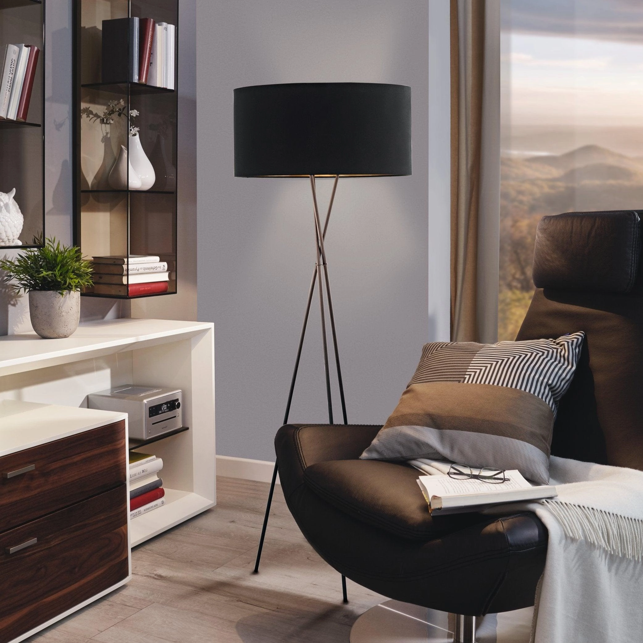 Eglo Fondachelli Black Tripod Floor Lamp - Fabric Black & Copper Shade creative lampshade design